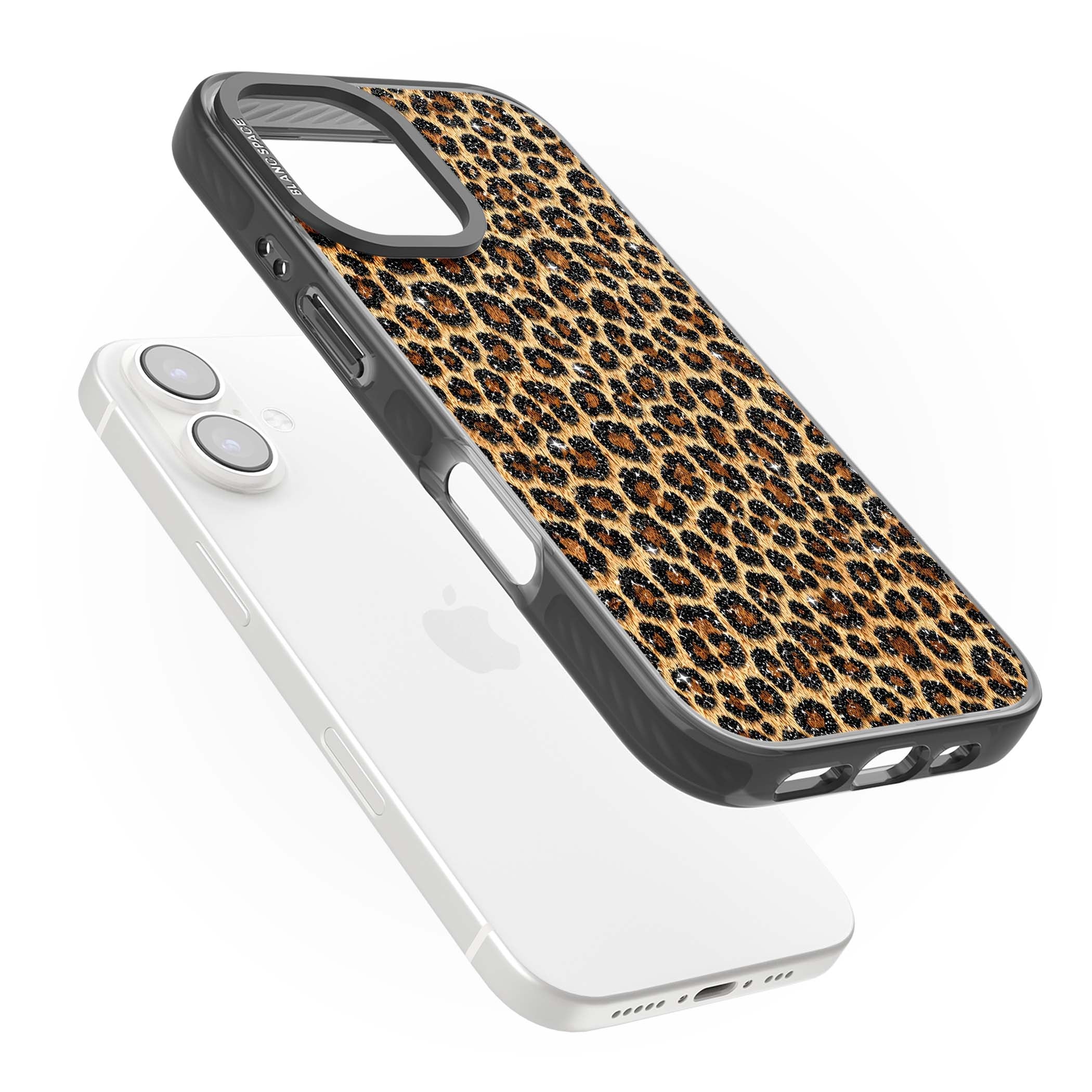 Diamond Leopard leopard print iPhone case featuring golden tan fur, black rosette spots and subtle glitter sparkle | Black Impact case for iPhone 16, iPhone 16 Plus