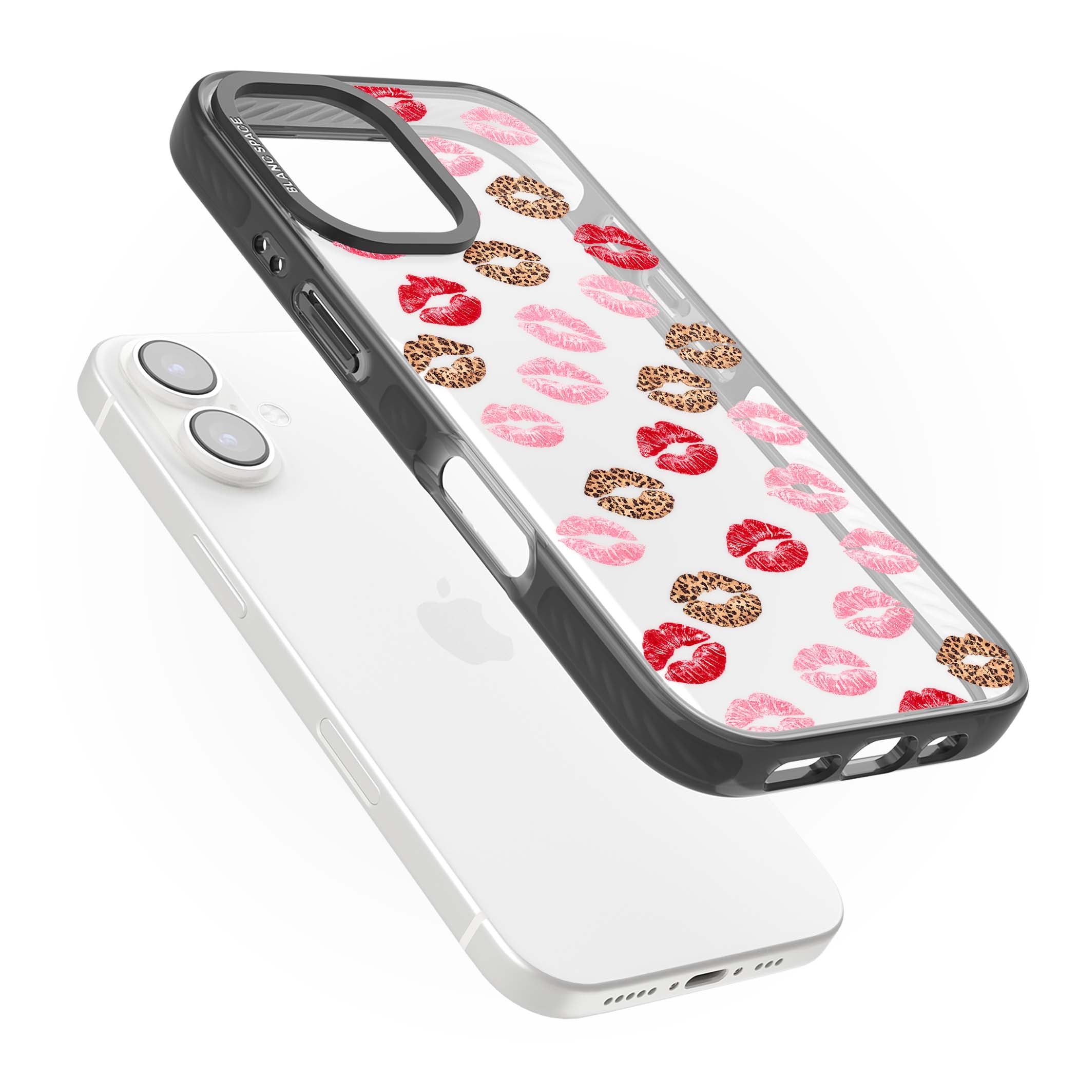 Wild Kisses coquette iPhone case featuring red, pink and leopard print lipstick kiss marks on a clear background | Black Impact case for iPhone 16, iPhone 16 Plus