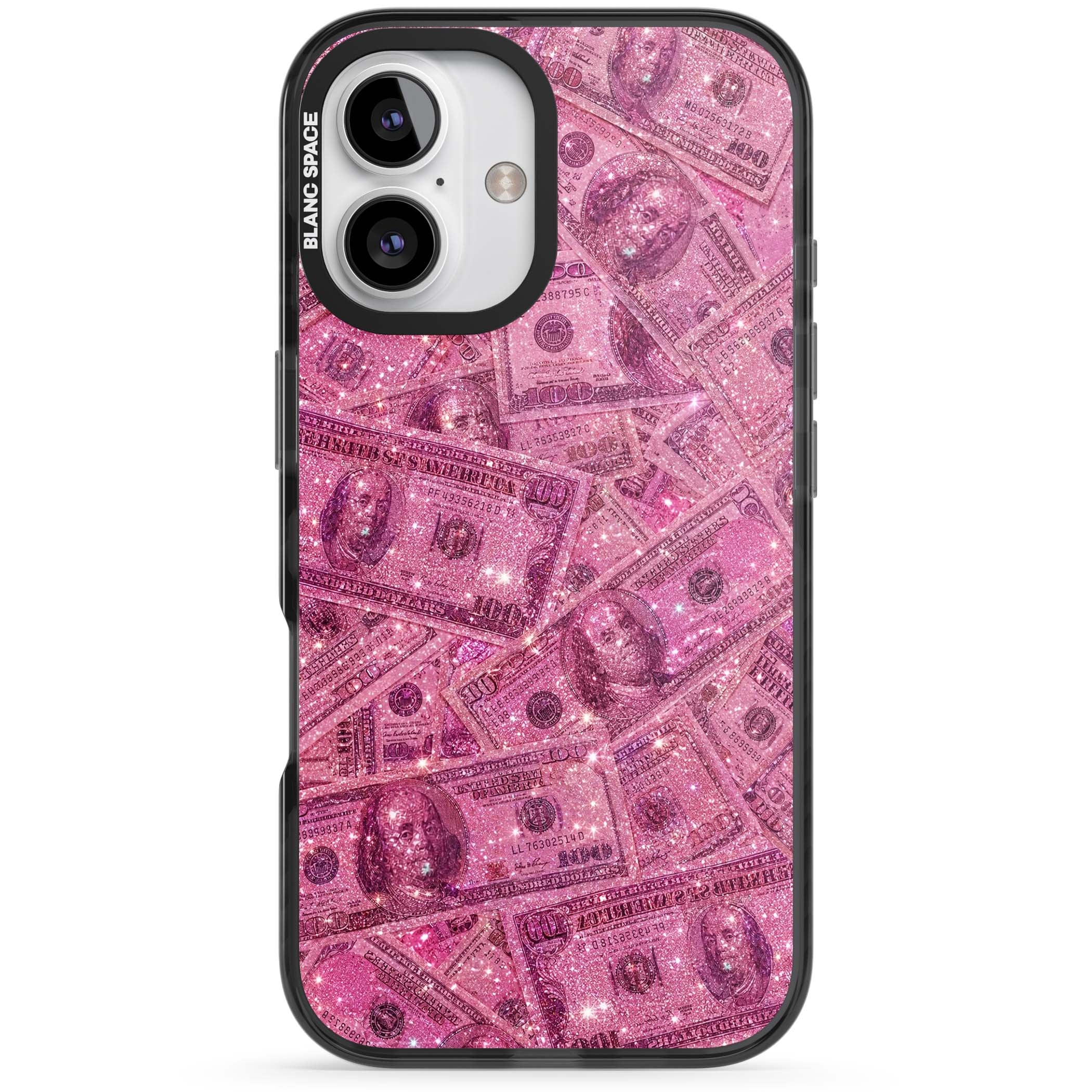 Glamorous baddie iPhone case featuring pink glitter hundred dollar bills and sparkling money wallpaper design | Black Impact case for iPhone 16, iPhone 16 Plus