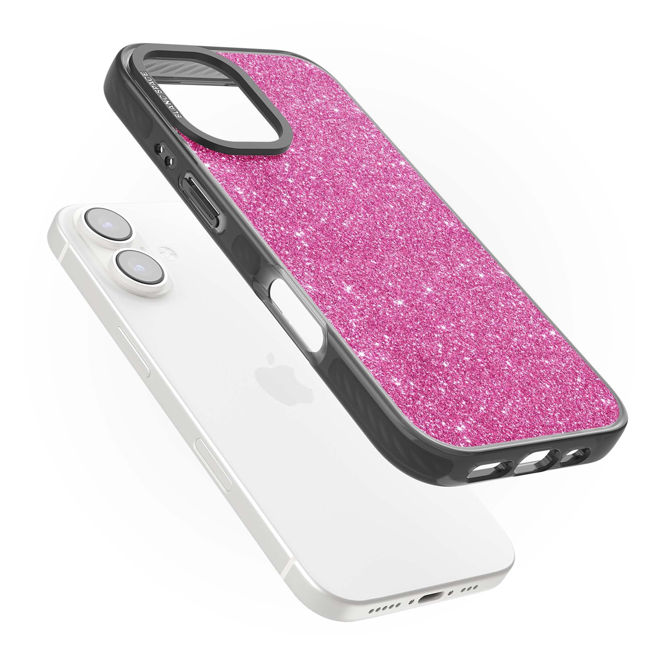 Pink Glitter Y2K iPhone case featuring hot pink glitter wallpaper with sparkle shimmer effect | Black Impact case for iPhone 16, iPhone 16 Plus