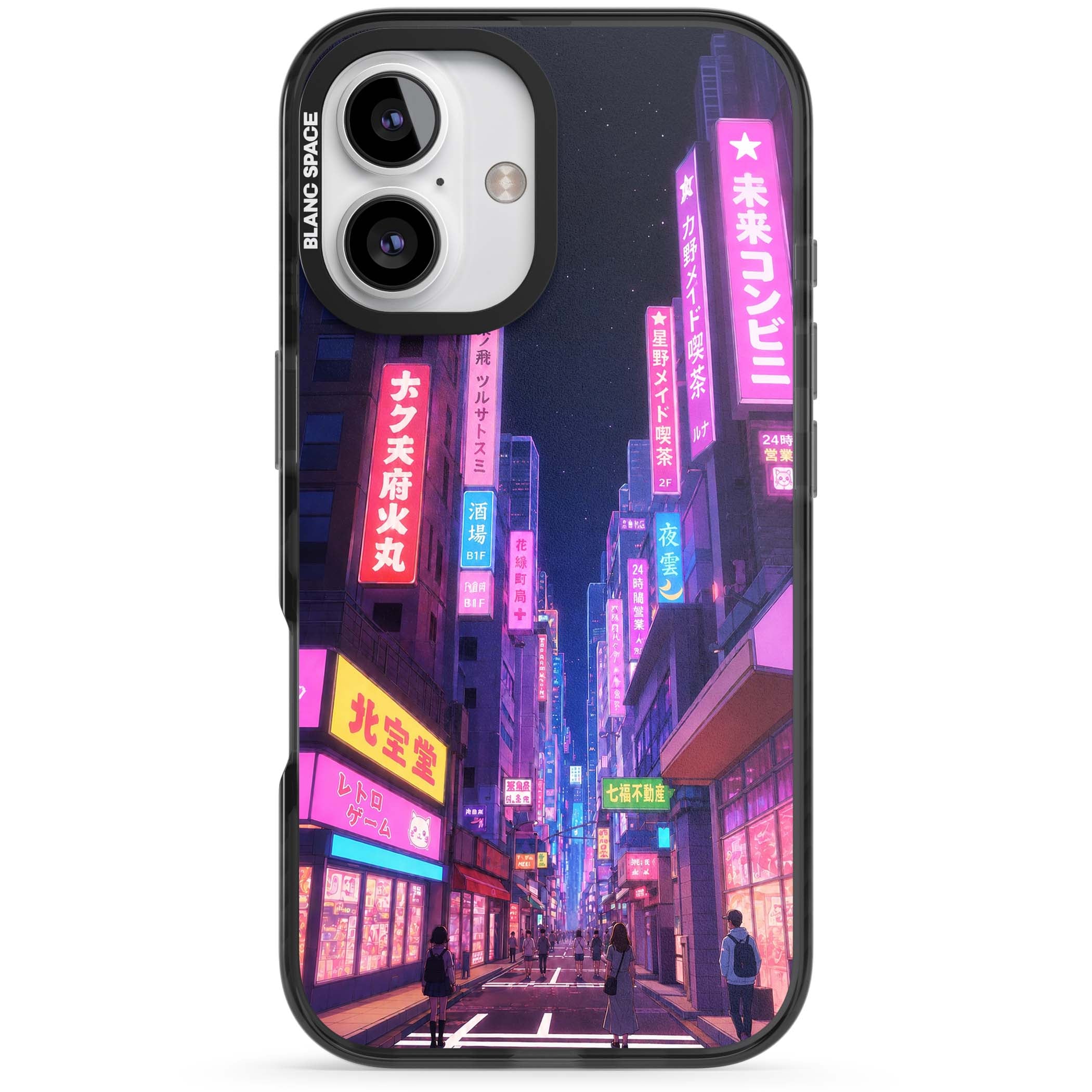 Shibuya At Night Japanese neon city iPhone case featuring glowing kanji signs, pink storefronts and a Tokyo street at n | Black Impact case for iPhone 16, iPhone 16 Plus