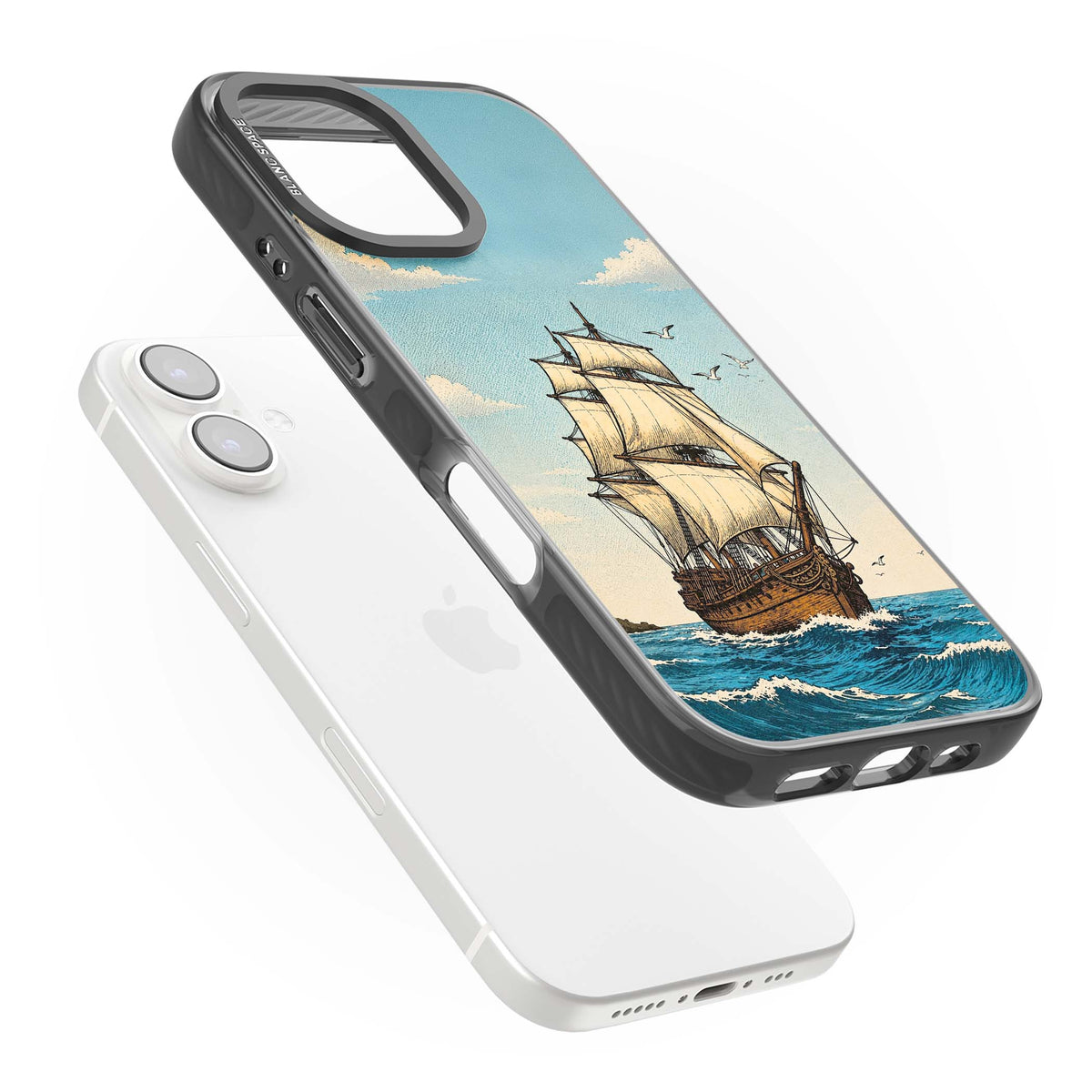 Ship at Sea nautical iPhone case featuring a vintage tall ship, ocean waves and seagulls | Black Impact case for iPhone 16, iPhone 16 Plus