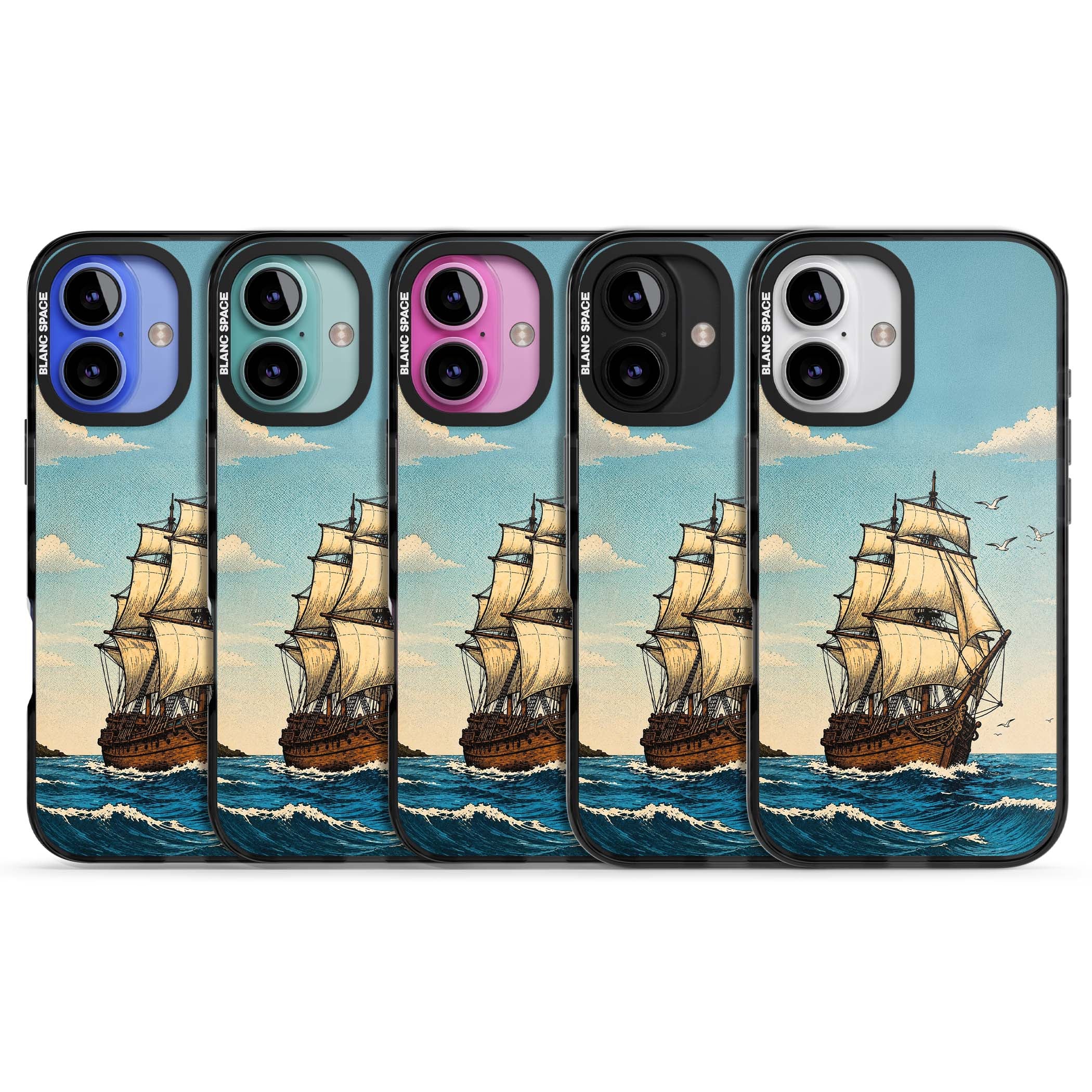 Ship at Sea nautical iPhone case featuring a vintage tall ship, ocean waves and seagulls | Black Impact case for iPhone 16, iPhone 16 Plus
