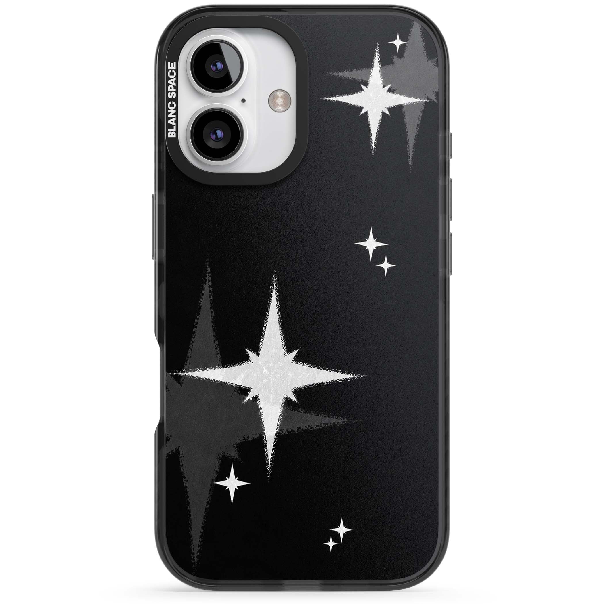Black Sparkle celestial iPhone case featuring white sparkle stars on a black night sky background | Black Impact case for iPhone 16, iPhone 16 Plus
