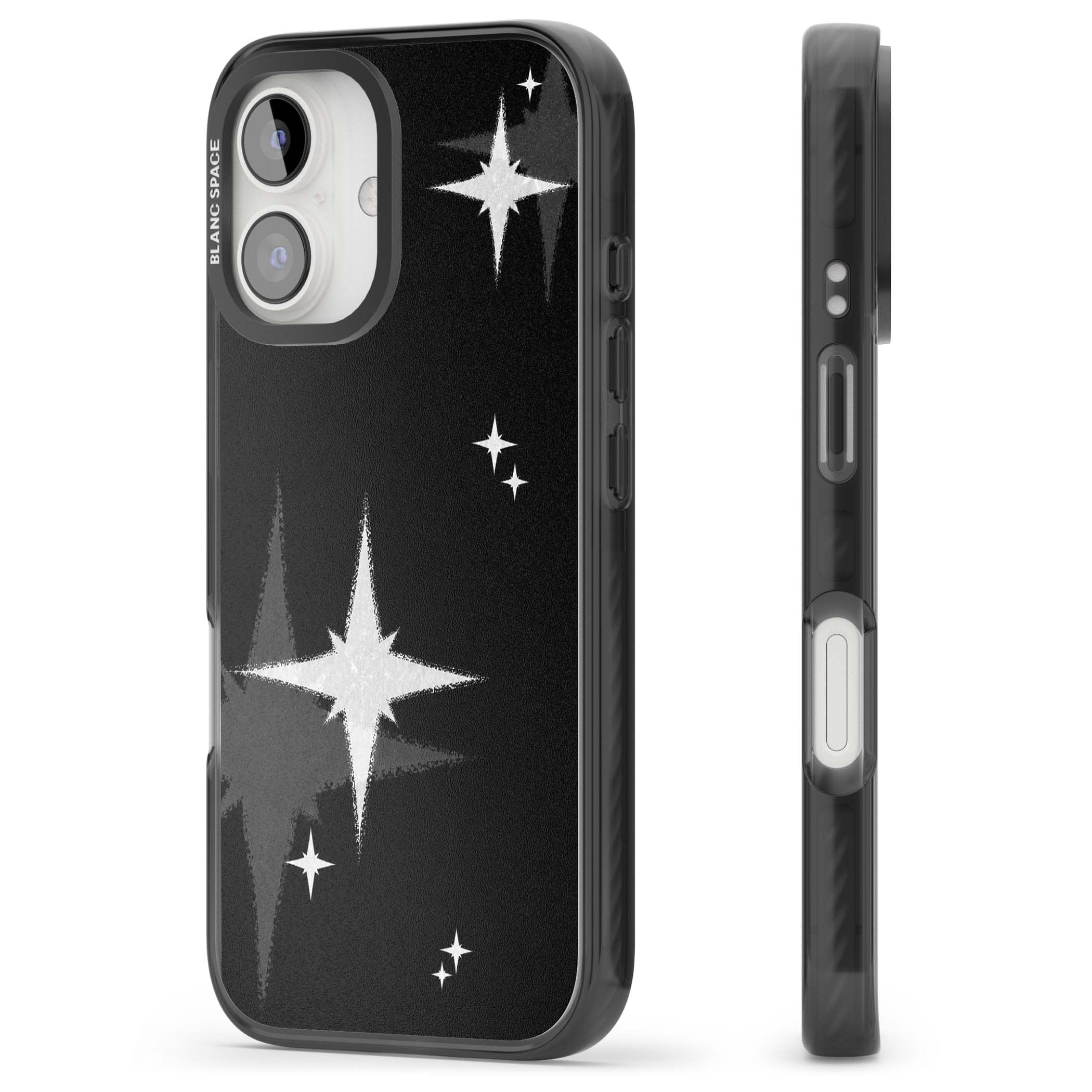Black Sparkle celestial iPhone case featuring white sparkle stars on a black night sky background | Black Impact case for iPhone 16, iPhone 16 Plus