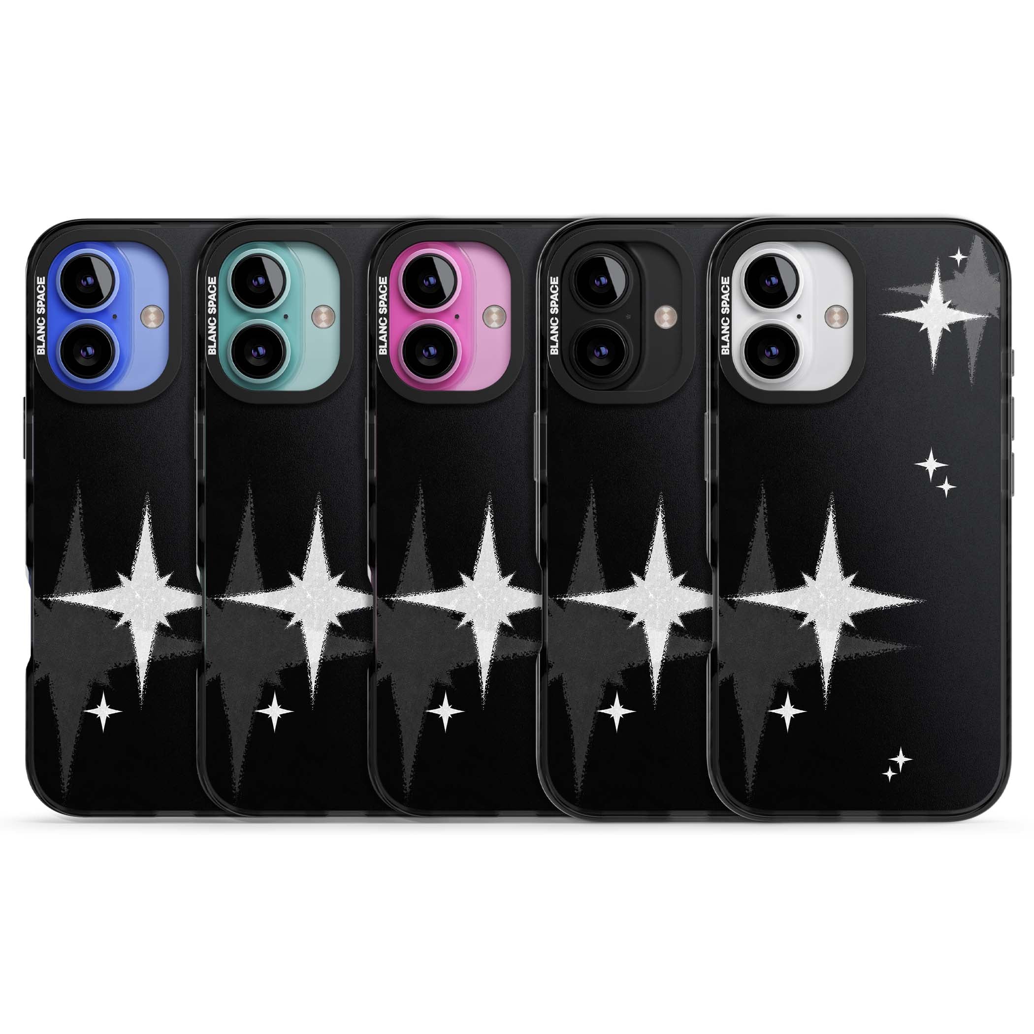 Black Sparkle celestial iPhone case featuring white sparkle stars on a black night sky background | Black Impact case for iPhone 16, iPhone 16 Plus