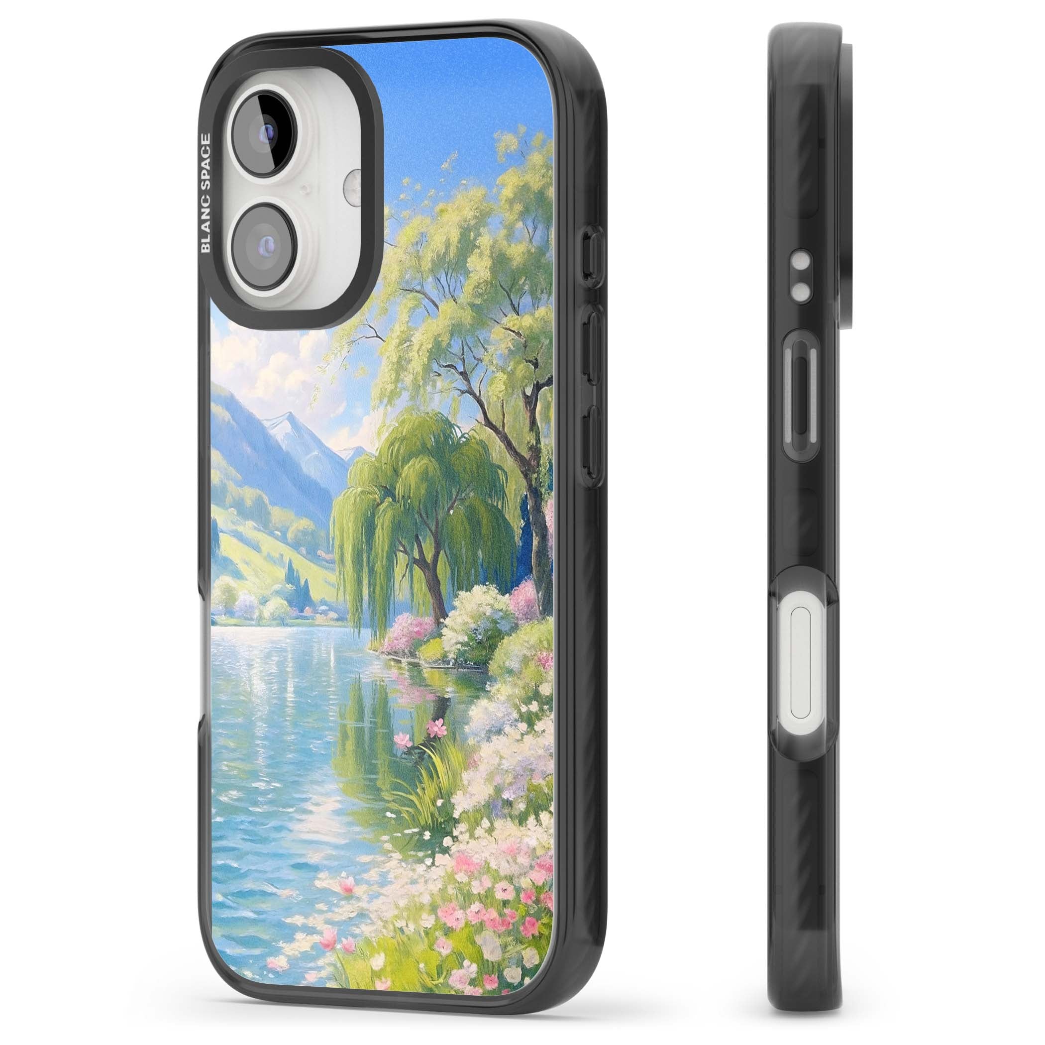 Willow Lake cottagecore iPhone case featuring a painted lakeside with weeping willow, blossoms and distant mountains | Black Impact case for iPhone 16, iPhone 16 Plus