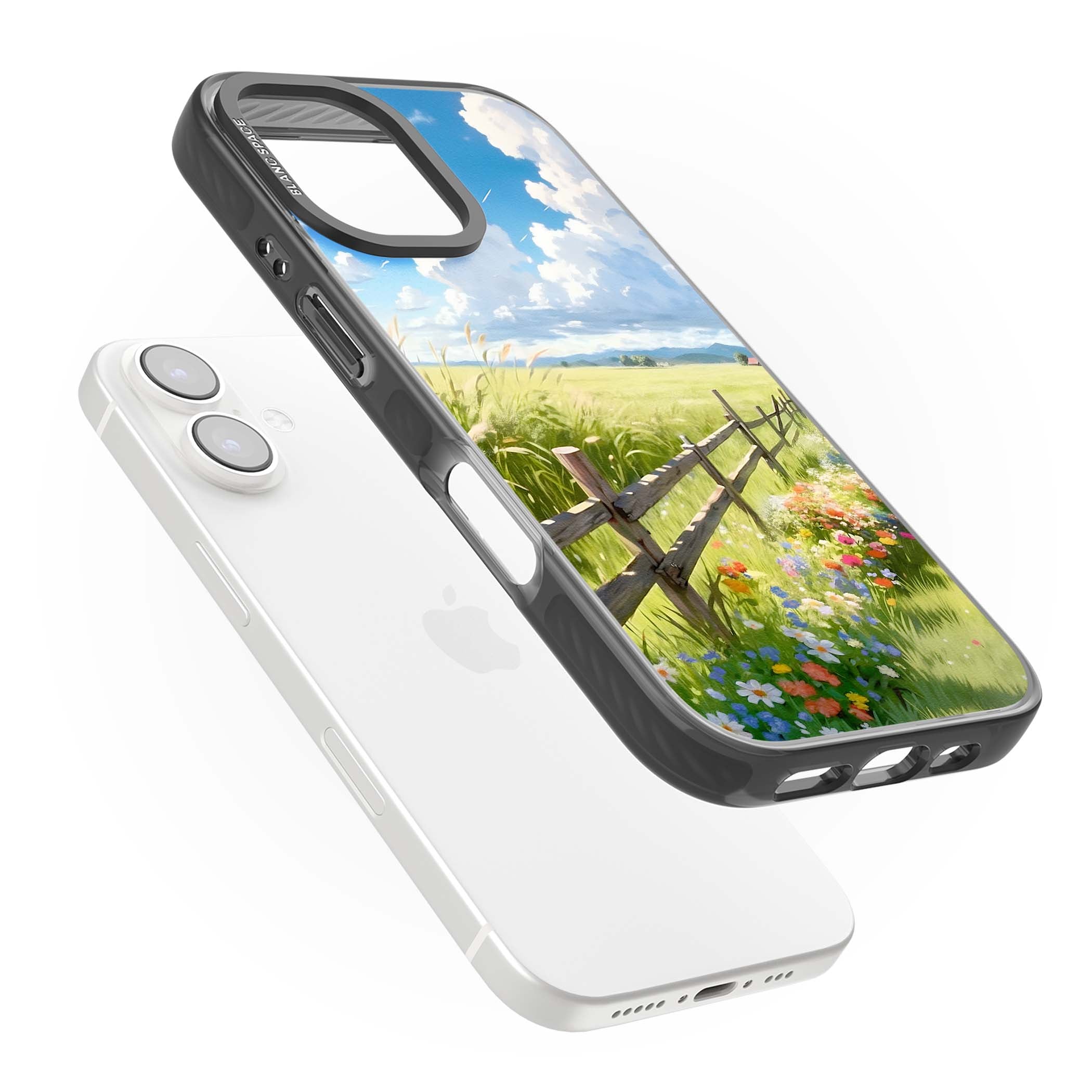 A Countryside Afternoon cottagecore iPhone case featuring a painted countryside meadow, wooden fence, and wildflowers beneath | Black Impact case for iPhone 16, iPhone 16 Plus