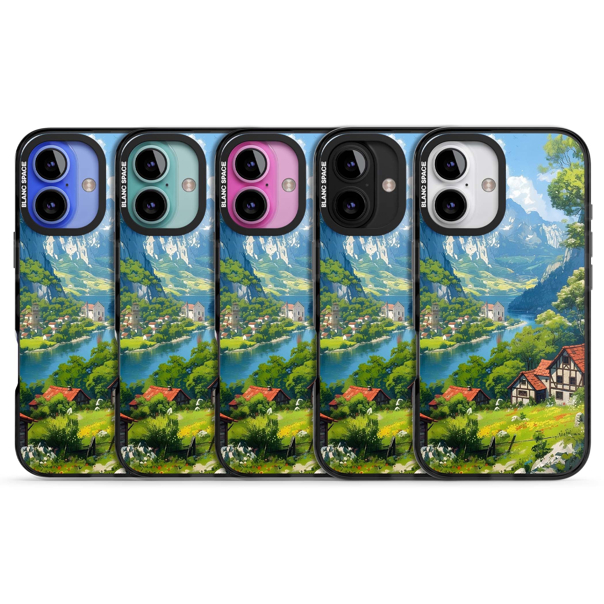 Village In The Valley anime iPhone case featuring a painted mountain village, river valley and half-timbered cottages. | Black Impact case for iPhone 16, iPhone 16 Plus