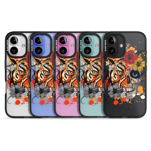 iPhone 16 Pro Max Sugar Skull Tiger Floral Black Impact Phone Case