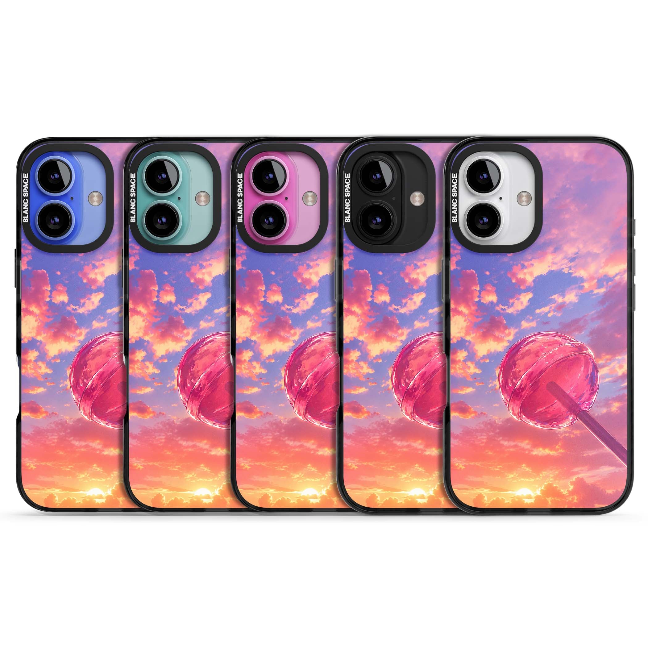 Sugar Sunset candy aesthetic iPhone case featuring a pink lollipop, pastel sunset sky and dreamy clouds | Black Impact case for iPhone 16, iPhone 16 Plus