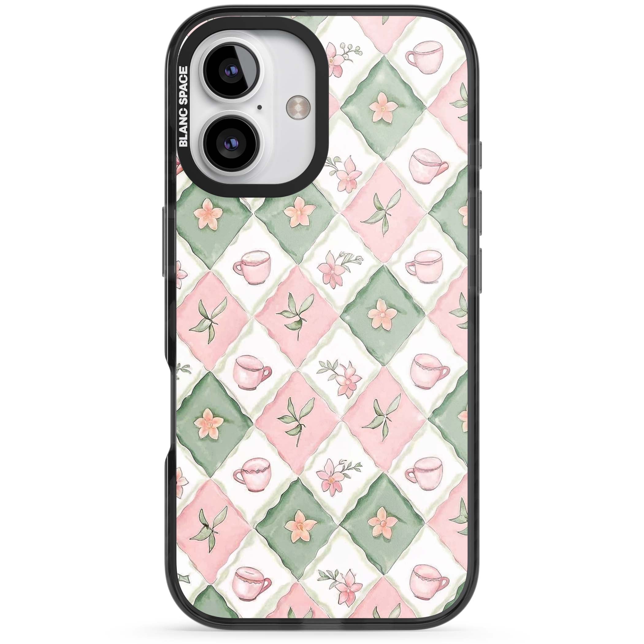 Garden Tea Party coquette iPhone case with pink and green checkered pattern, watercolour teacups and wildflowers | Black Impact case for iPhone 16, iPhone 16 Plus