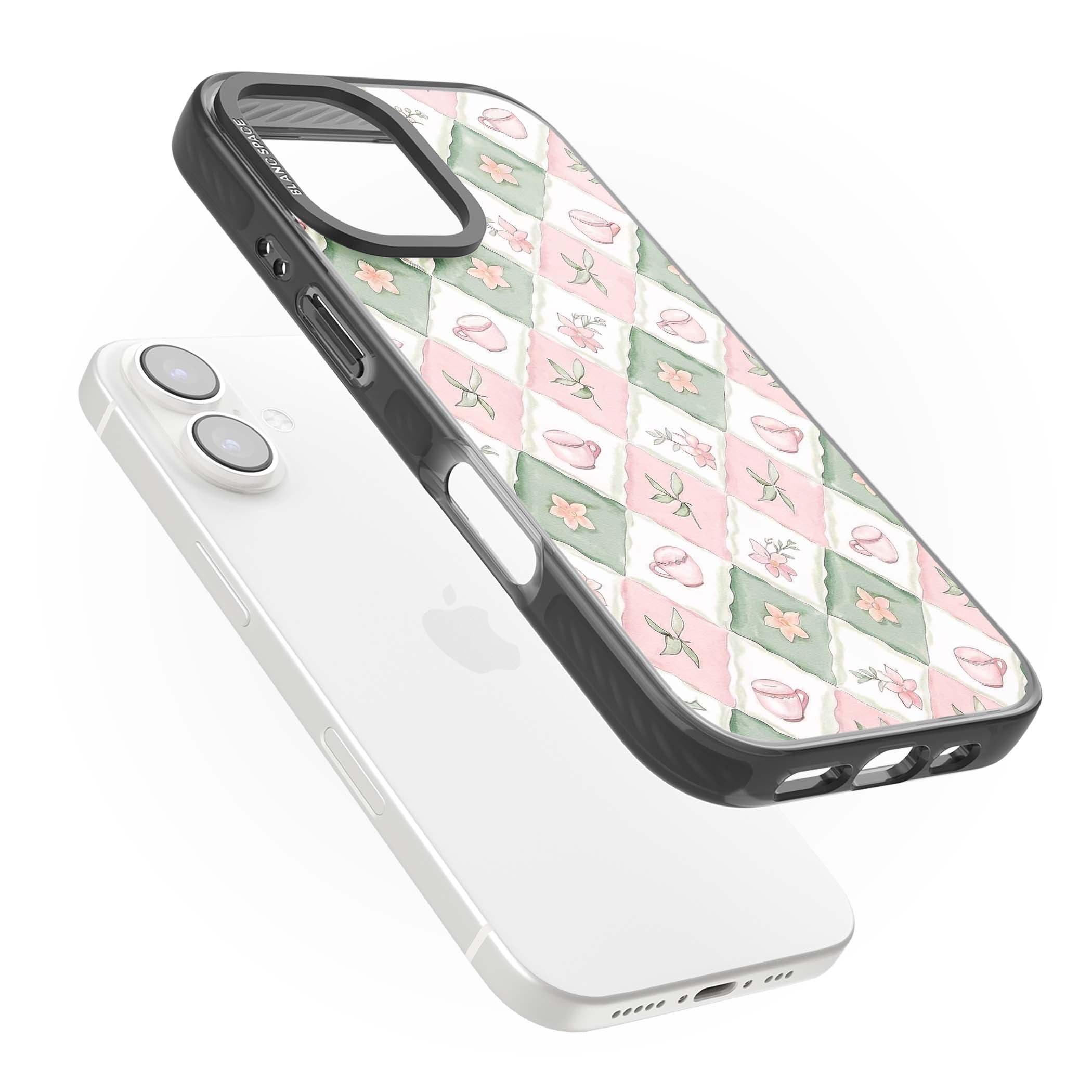 Garden Tea Party coquette iPhone case with pink and green checkered pattern, watercolour teacups and wildflowers | Black Impact case for iPhone 16, iPhone 16 Plus