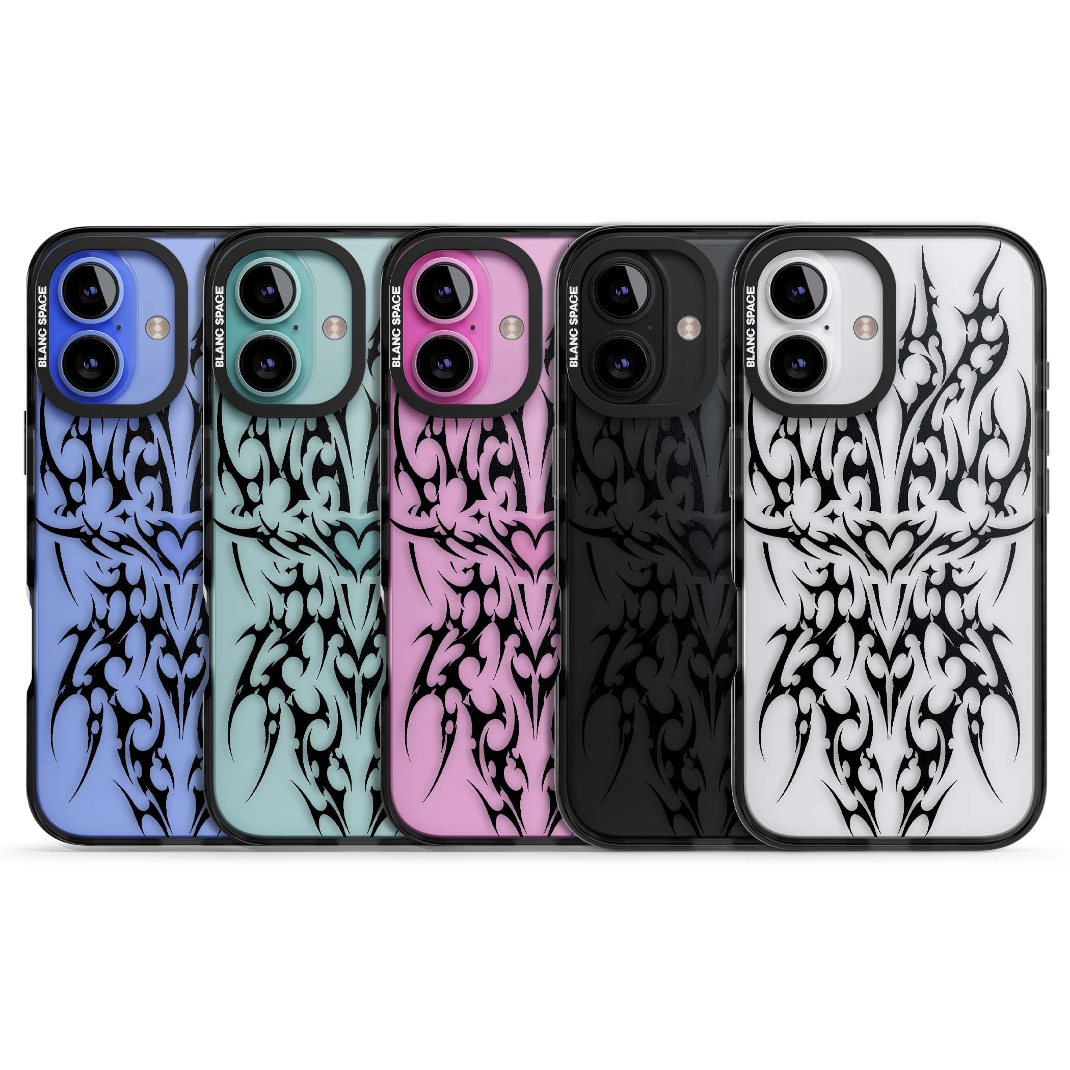 Neo Tribal Heart gothic iPhone case featuring symmetrical black tribal tattoo art with sharp thorn-like linework | Black Impact case for iPhone 16, iPhone 16 Plus