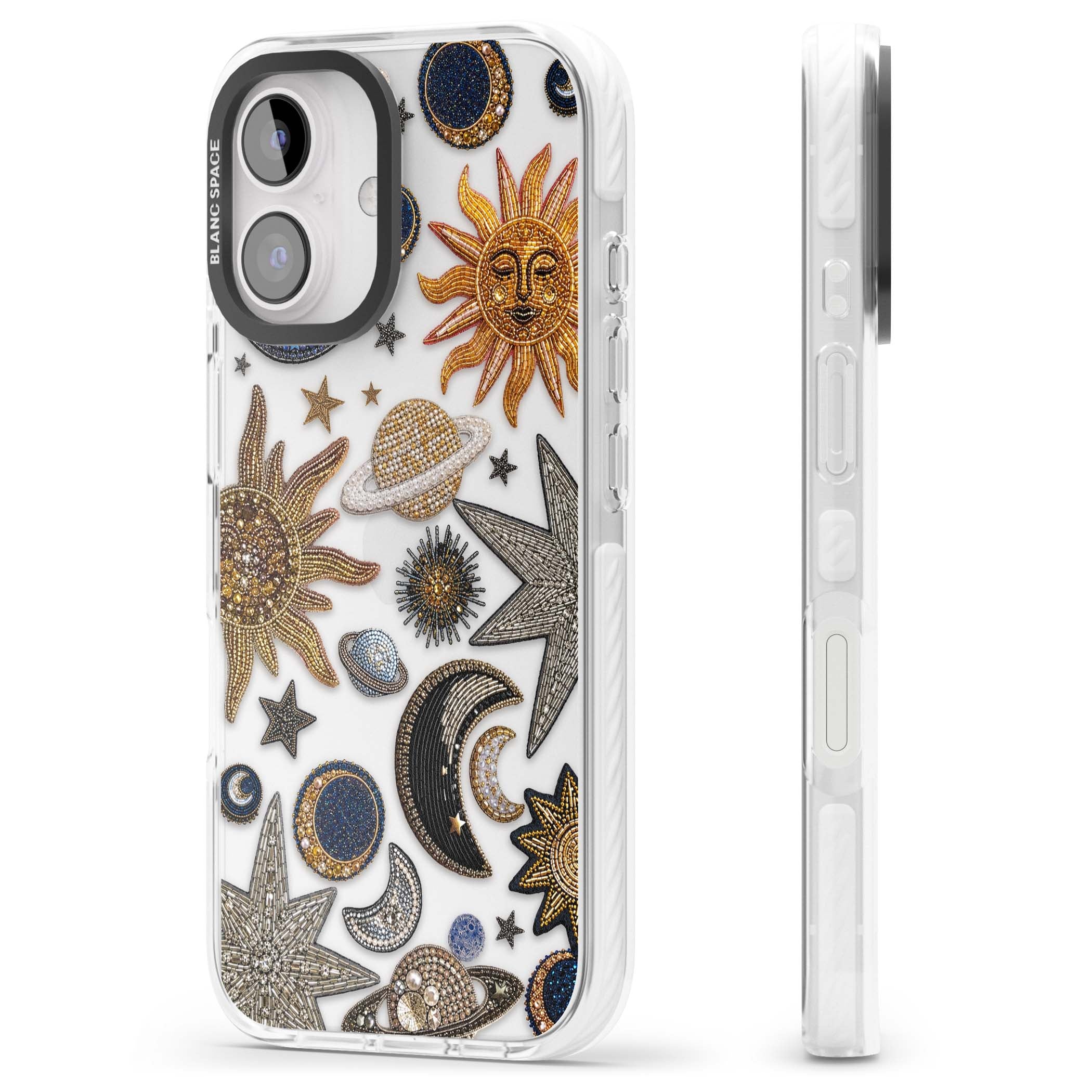 Beaded Cosmos celestial iPhone case featuring embroidered golden suns, beaded planets and silver shooting stars | Clear Impact case for iPhone 16, iPhone 16 Plus