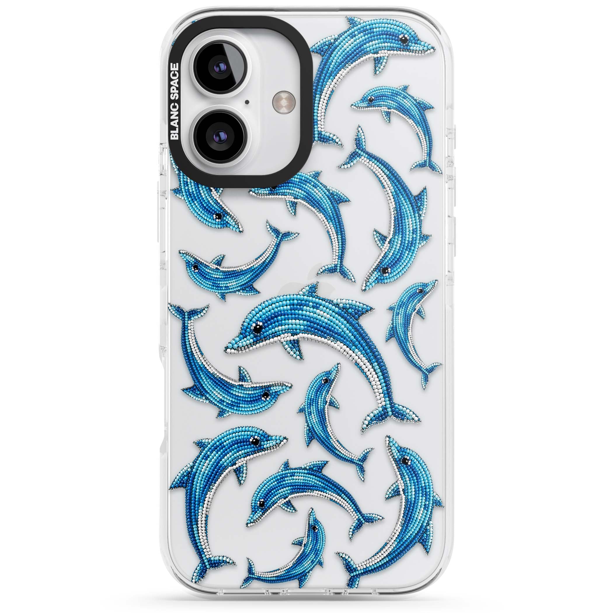 Beaded Dolphins coastal iPhone case featuring beaded dolphins in blue and white swimming across a clear background | Clear Impact case for iPhone 16, iPhone 16 Plus