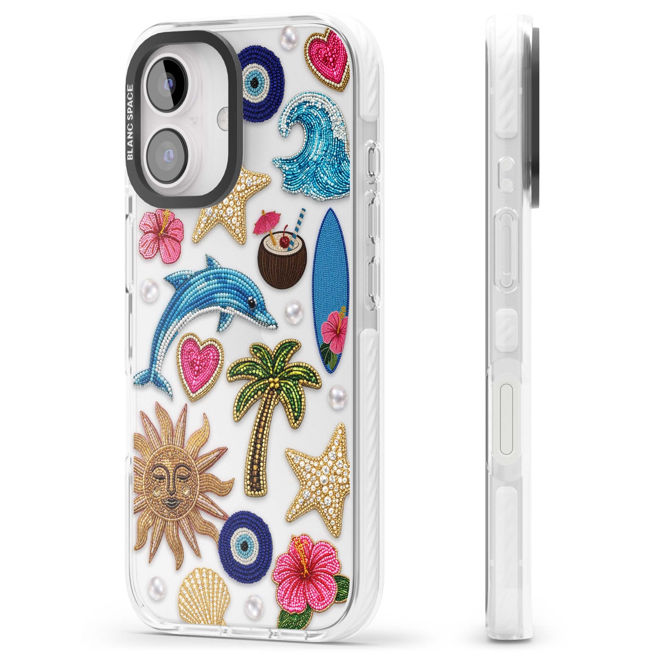 Beaded Beach coastal summer iPhone case featuring embroidered evil eye, hibiscus flowers, dolphin and palm tree patches | Clear Impact case for iPhone 16, iPhone 16 Plus
