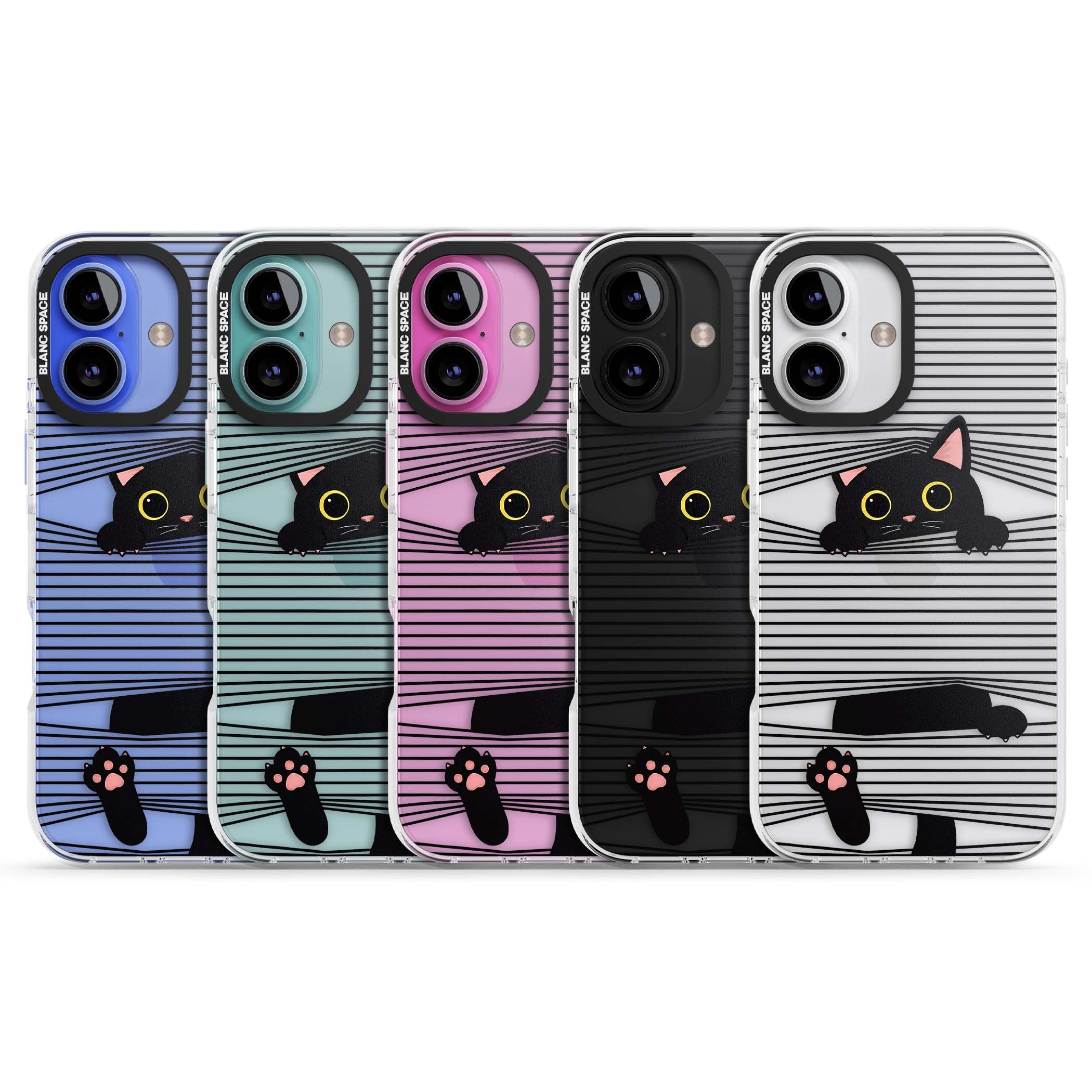 Peek-a-Boo Cat minimal iPhone case featuring black cat peeking through horizontal black and white stripes | Clear Impact case for iPhone 16, iPhone 16 Plus