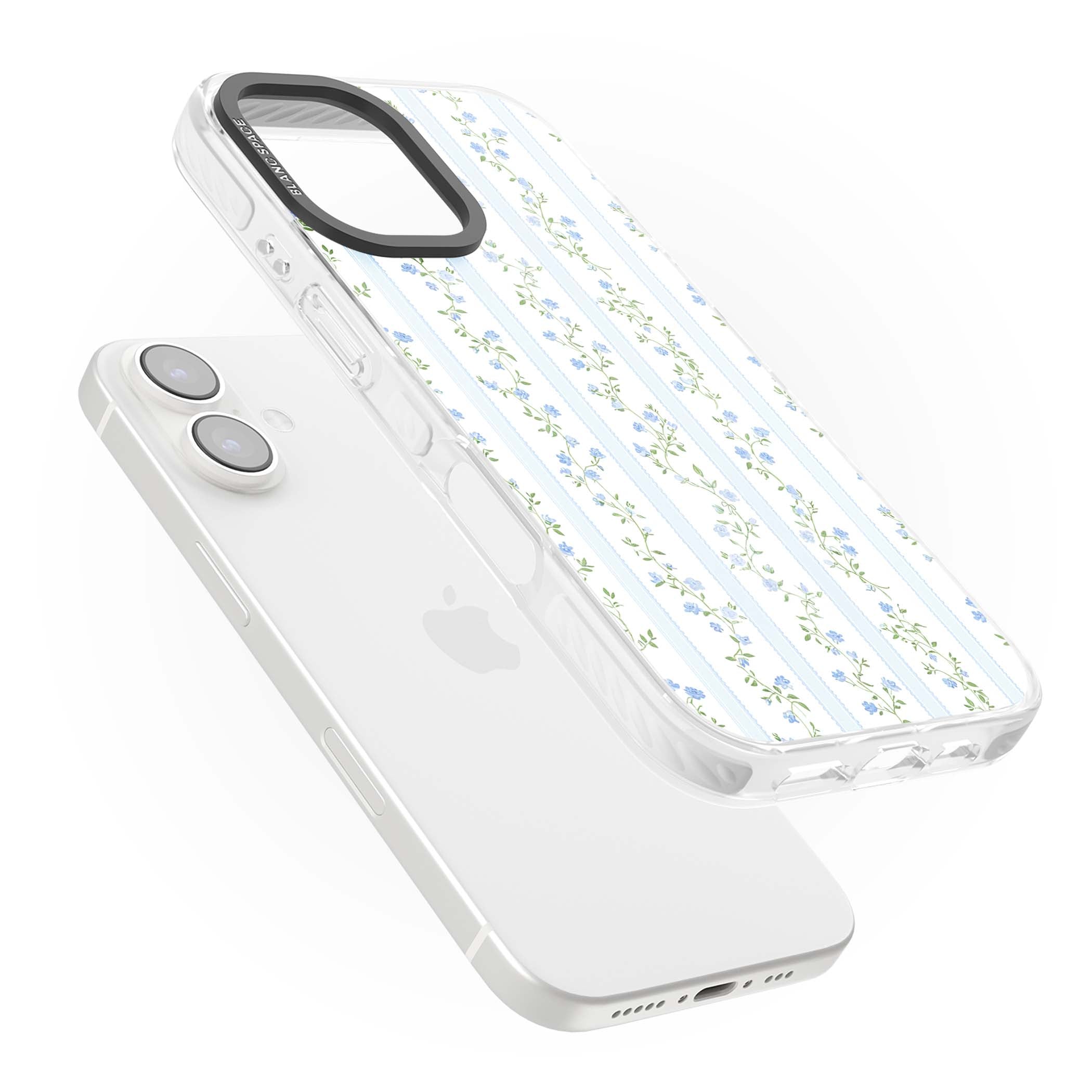 Bluebell Vine cottagecore iPhone case featuring climbing blue roses, trailing green vines, and pale ticking stripes | Clear Impact case for iPhone 16, iPhone 16 Plus