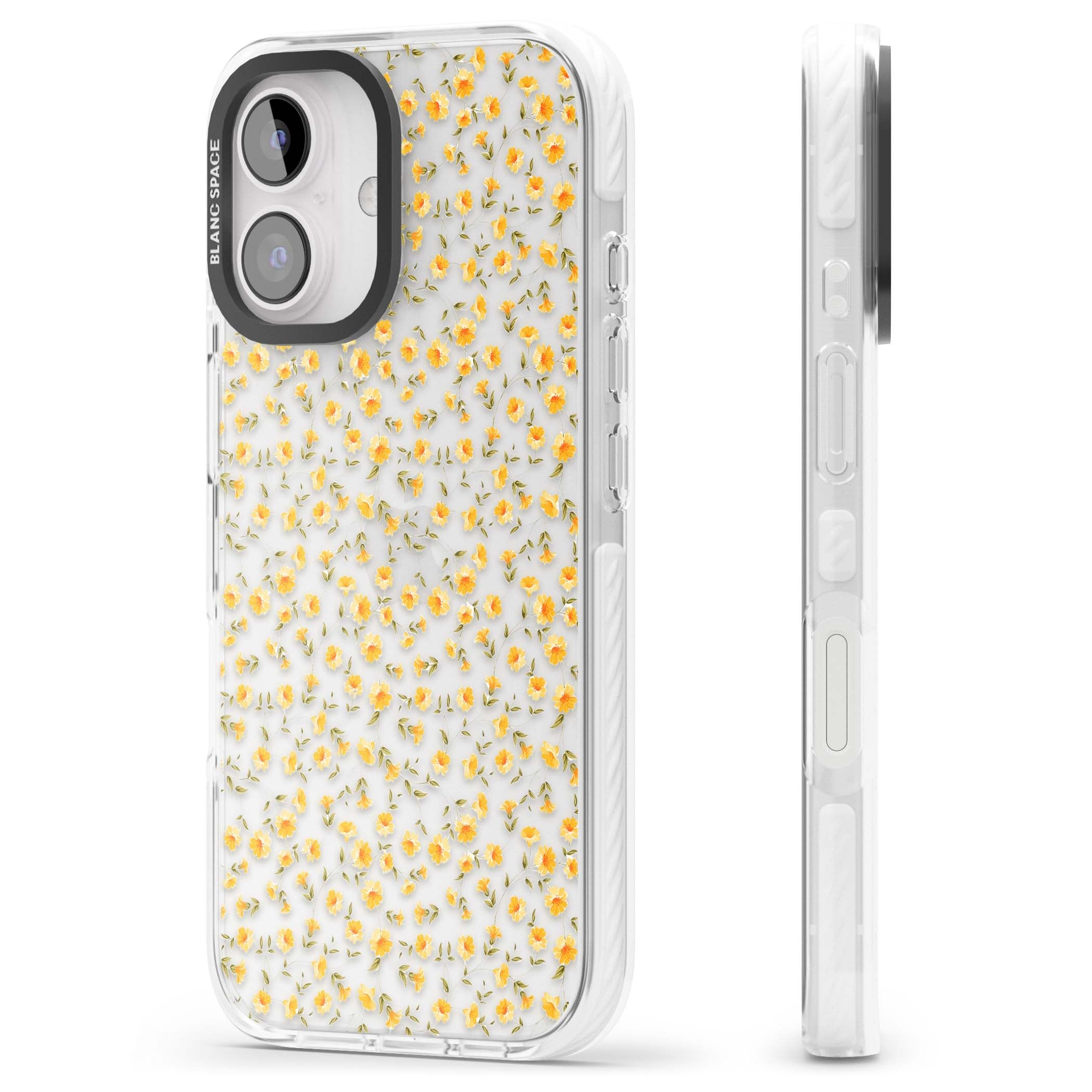Buttercup wildflower iPhone case featuring tiny yellow flowers and trailing green vines on clear | Clear Impact case for iPhone 16, iPhone 16 Plus