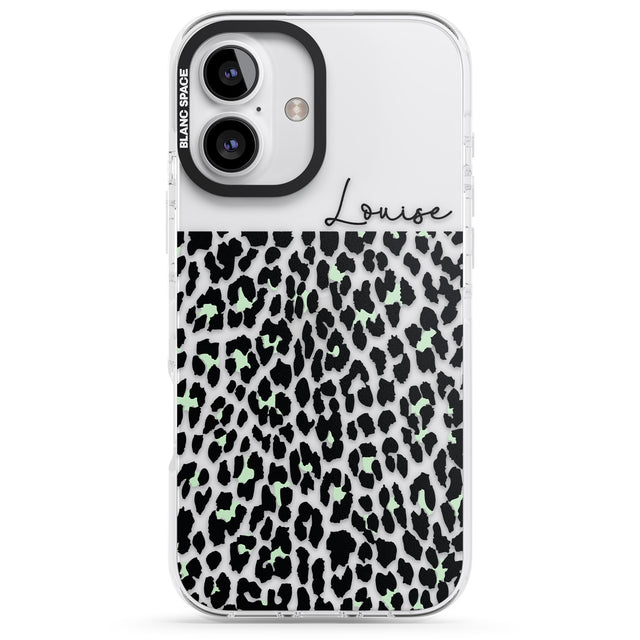 iPhone 16 Pro Max Personalised Seafoam Green & Cursive Leopard Spots Black Impact Phone Case