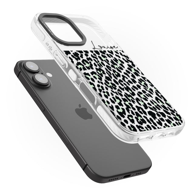 iPhone 16 Pro Max Personalised Seafoam Green & Cursive Leopard Spots Black Impact Phone Case