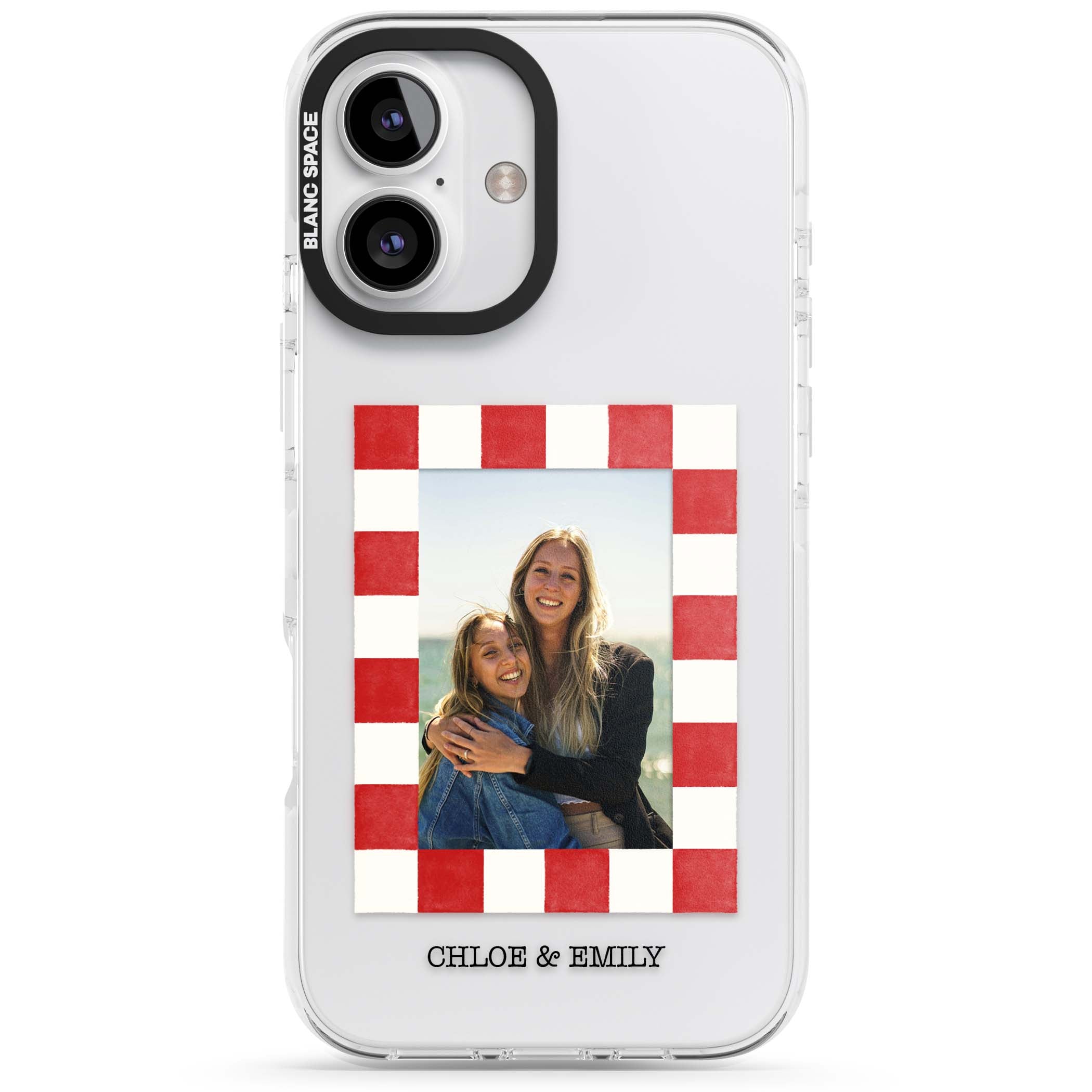 Red Check Photo personalised photo iPhone case with red and white checkered polaroid frame and custom couple name | Clear Impact case for iPhone 16, iPhone 16 Plus