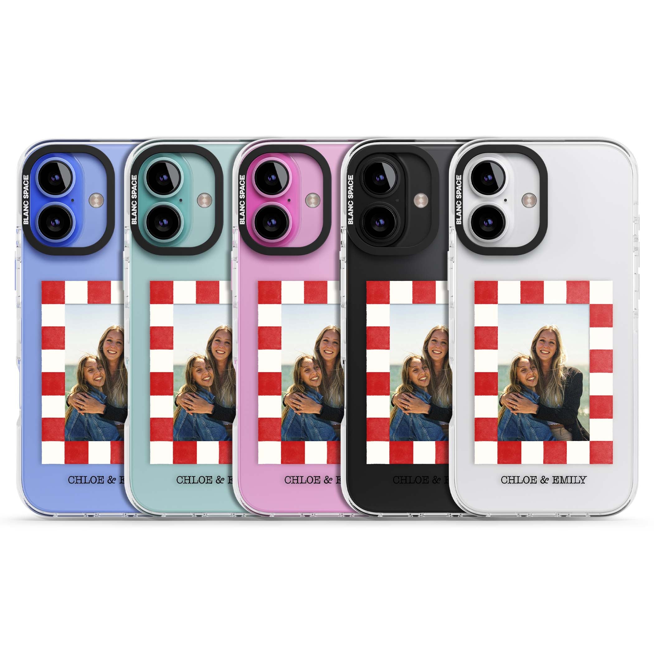 Red Check Photo personalised photo iPhone case with red and white checkered polaroid frame and custom couple name | Clear Impact case for iPhone 16, iPhone 16 Plus