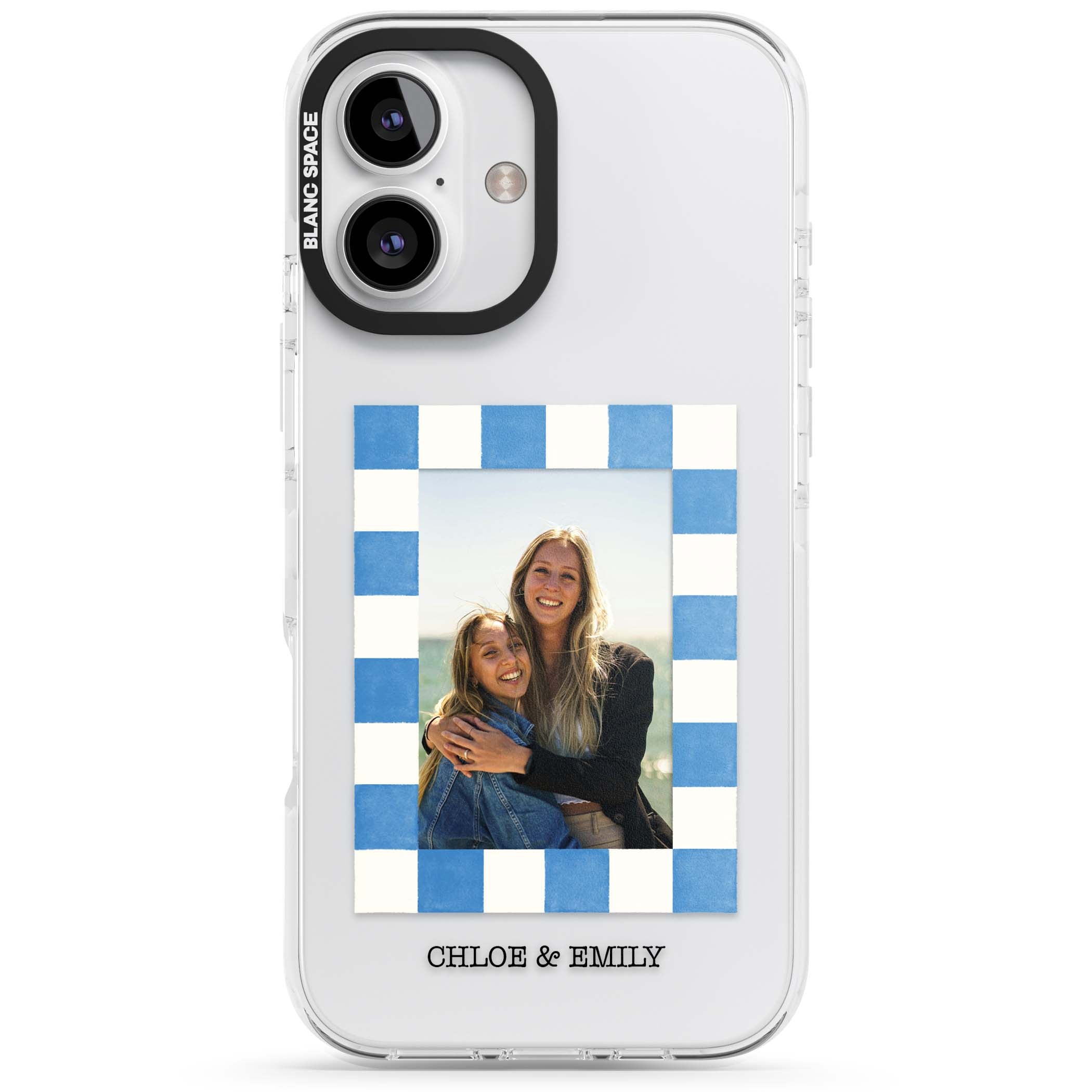 Blue Check Photo personalised photo iPhone case with blue checkered frame and custom couple names | Clear Impact case for iPhone 16, iPhone 16 Plus