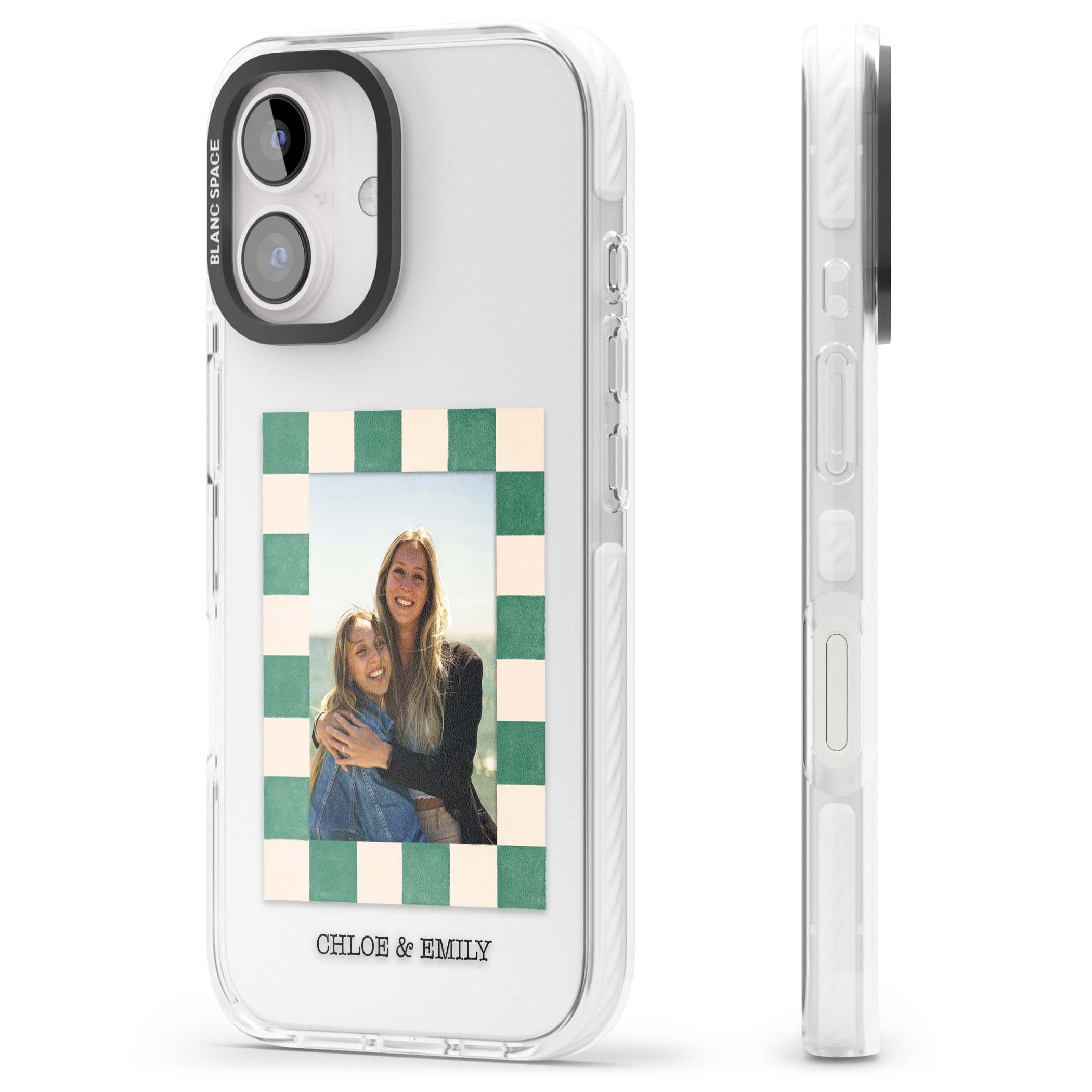 Seafoam Check Photo personalised iPhone case featuring a custom polaroid photo, green and cream checkered frame, and custom n | Clear Impact case for iPhone 16, iPhone 16 Plus