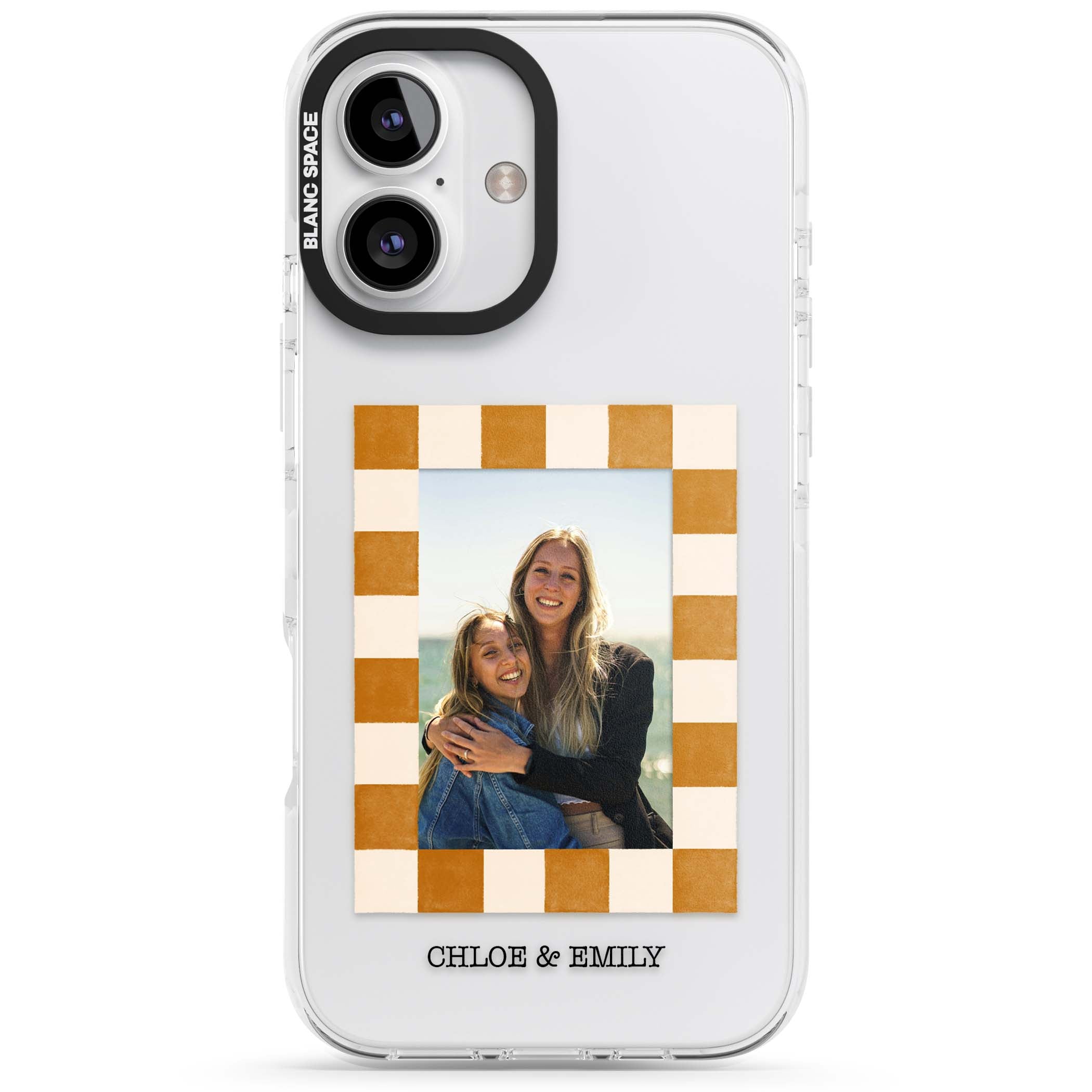 Citrus Check Photo personalised iPhone case with custom photo, orange checkered frame and names underneath | Clear Impact case for iPhone 16, iPhone 16 Plus