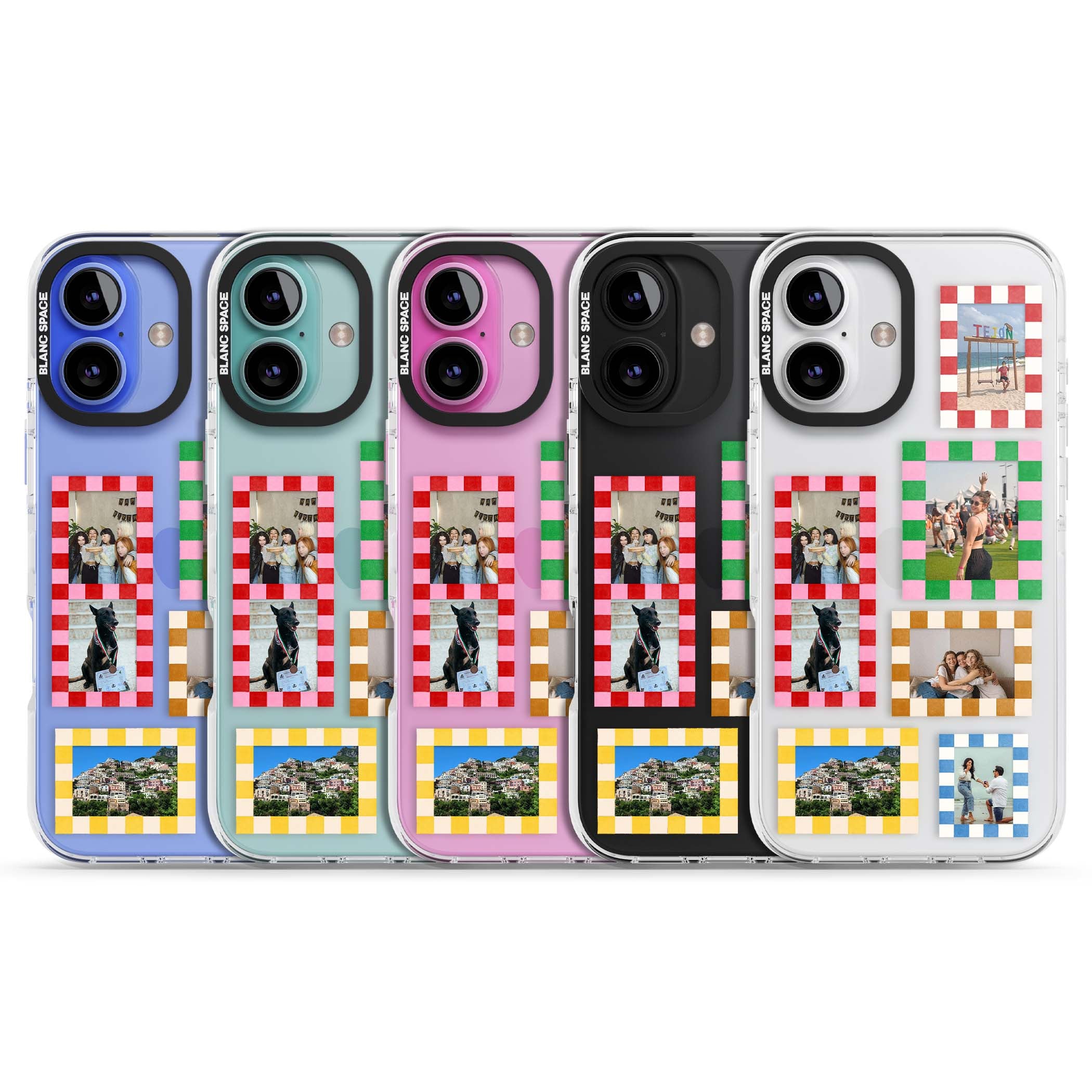 Italian Check Frames custom photo collage iPhone case featuring six checkered photo frames in red, green, pink and  | Clear Impact case for iPhone 16, iPhone 16 Plus