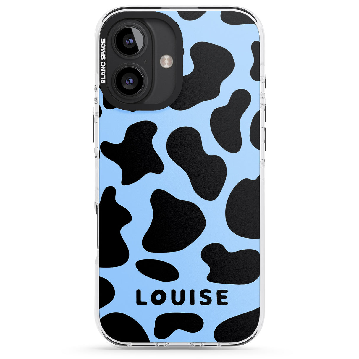 iPhone 16 Pro Max Personalised Blue and Black Cow Print Black Impact Phone Case