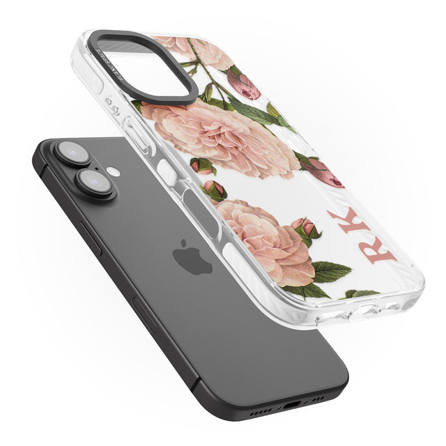 iPhone 16 Pro Max Personalised Clear Vintage Floral Pale Pink Peonies Black Impact Phone Case