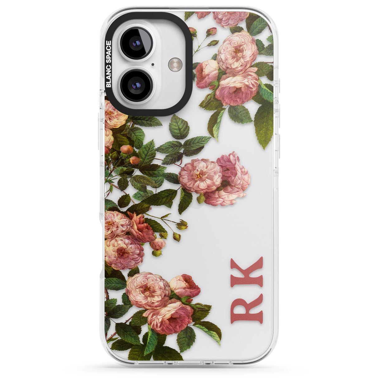 iPhone 16 Pro Max Personalised Clear Vintage Floral Pink Garden Roses Black Impact Phone Case