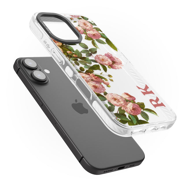 iPhone 16 Pro Max Personalised Clear Vintage Floral Pink Garden Roses Black Impact Phone Case