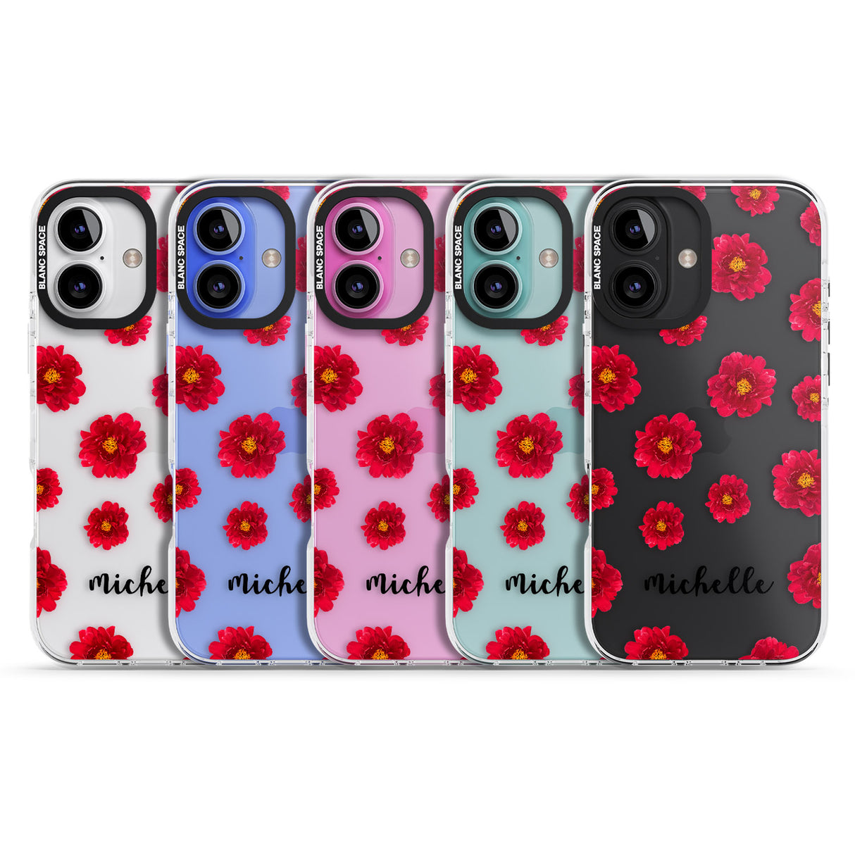 iPhone 16 Pro Max Personalised Red Peonies & Cursive Black Impact Phone Case