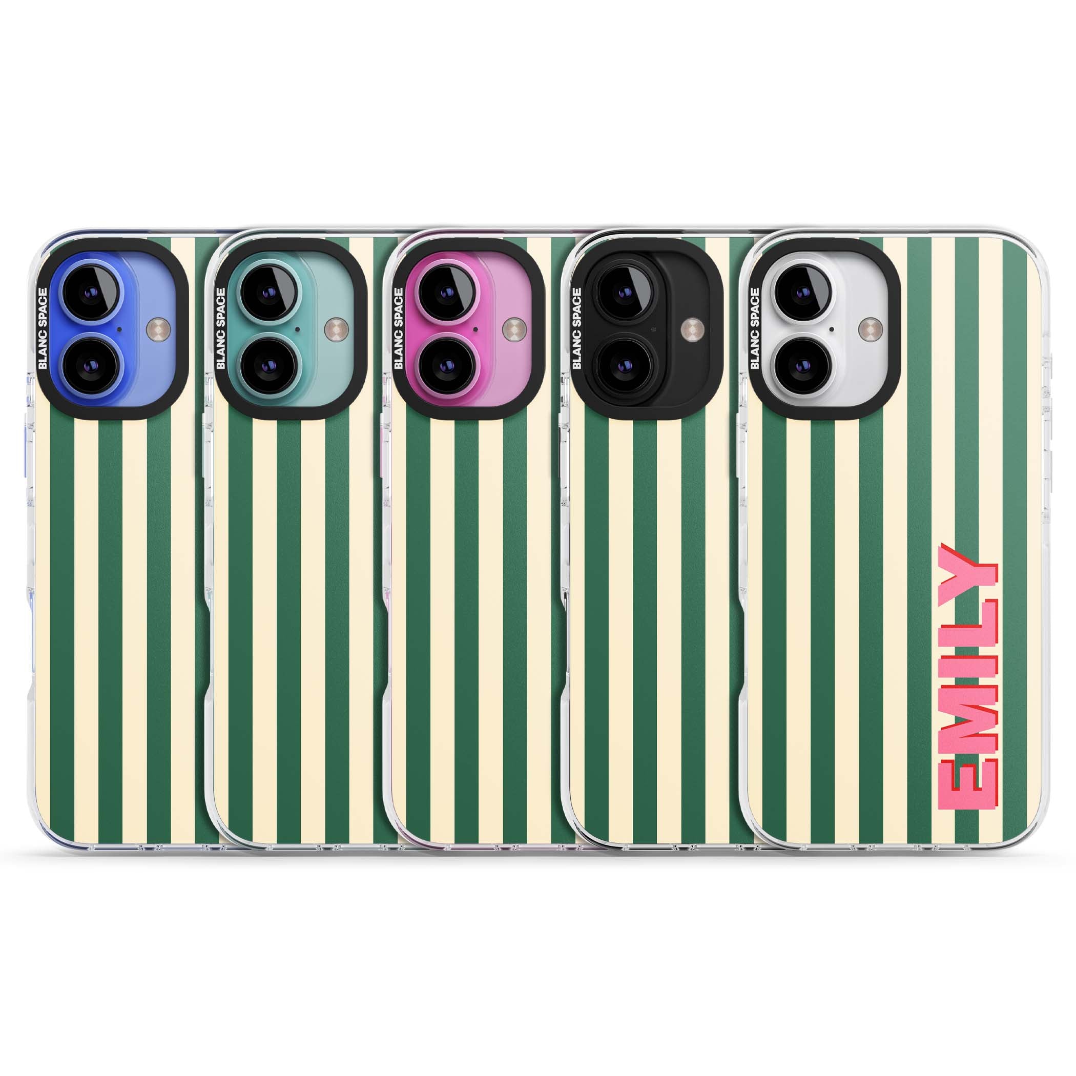 Wimbledon Stripe preppy iPhone case featuring green and cream vertical stripes with a personalised pink name | Clear Impact case for iPhone 16, iPhone 16 Plus