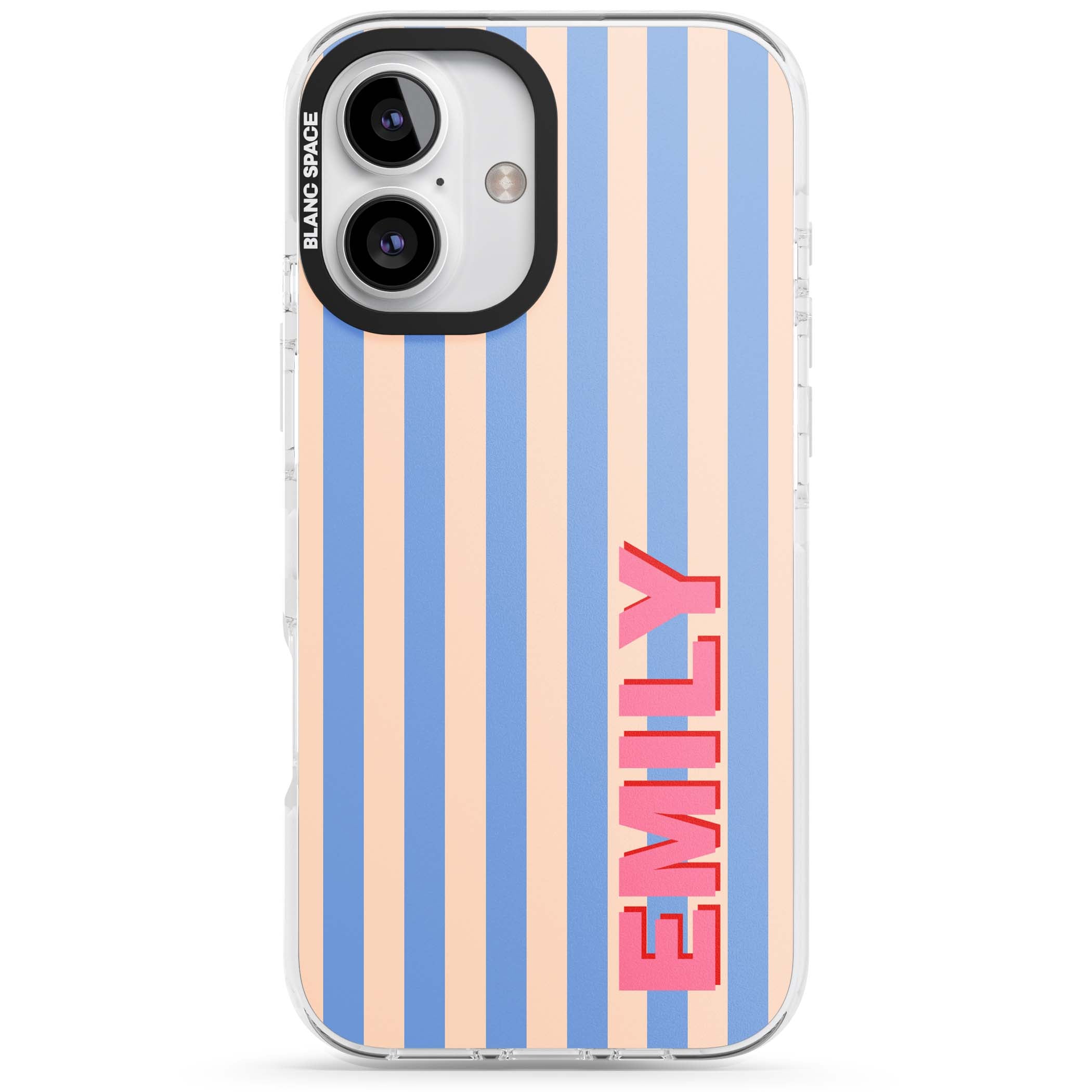 Coastal Stripe personalised coastal iPhone case with blue and peach vertical stripes and custom pink name | Clear Impact case for iPhone 16, iPhone 16 Plus
