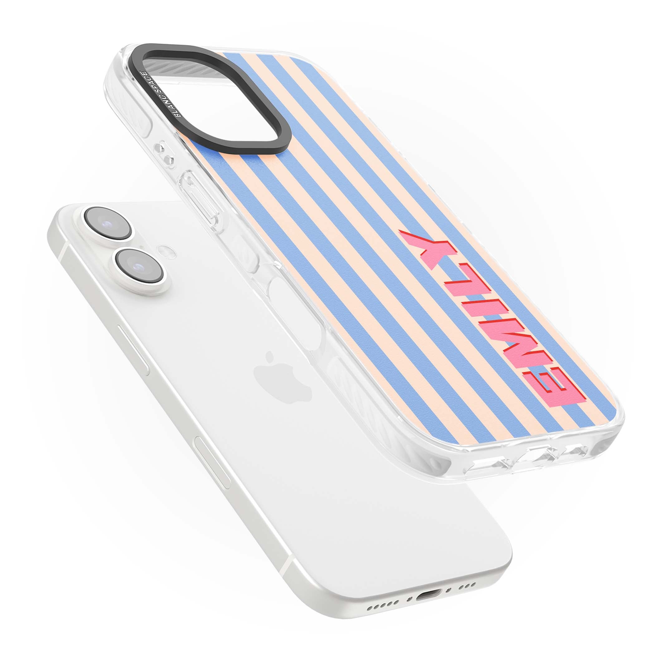 Coastal Stripe personalised coastal iPhone case with blue and peach vertical stripes and custom pink name | Clear Impact case for iPhone 16, iPhone 16 Plus