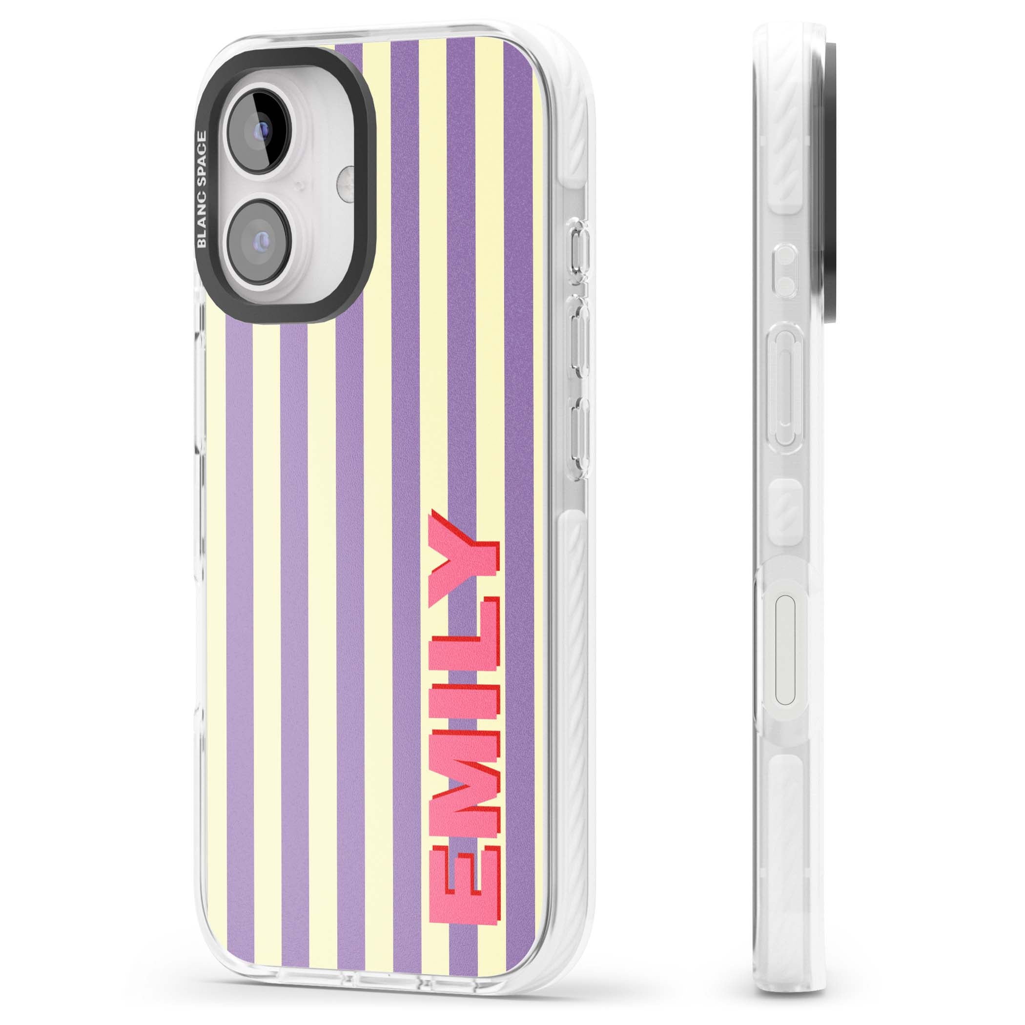 Valensole Stripe personalised iPhone case with purple and cream vertical stripes and pink custom name | Clear Impact case for iPhone 16, iPhone 16 Plus