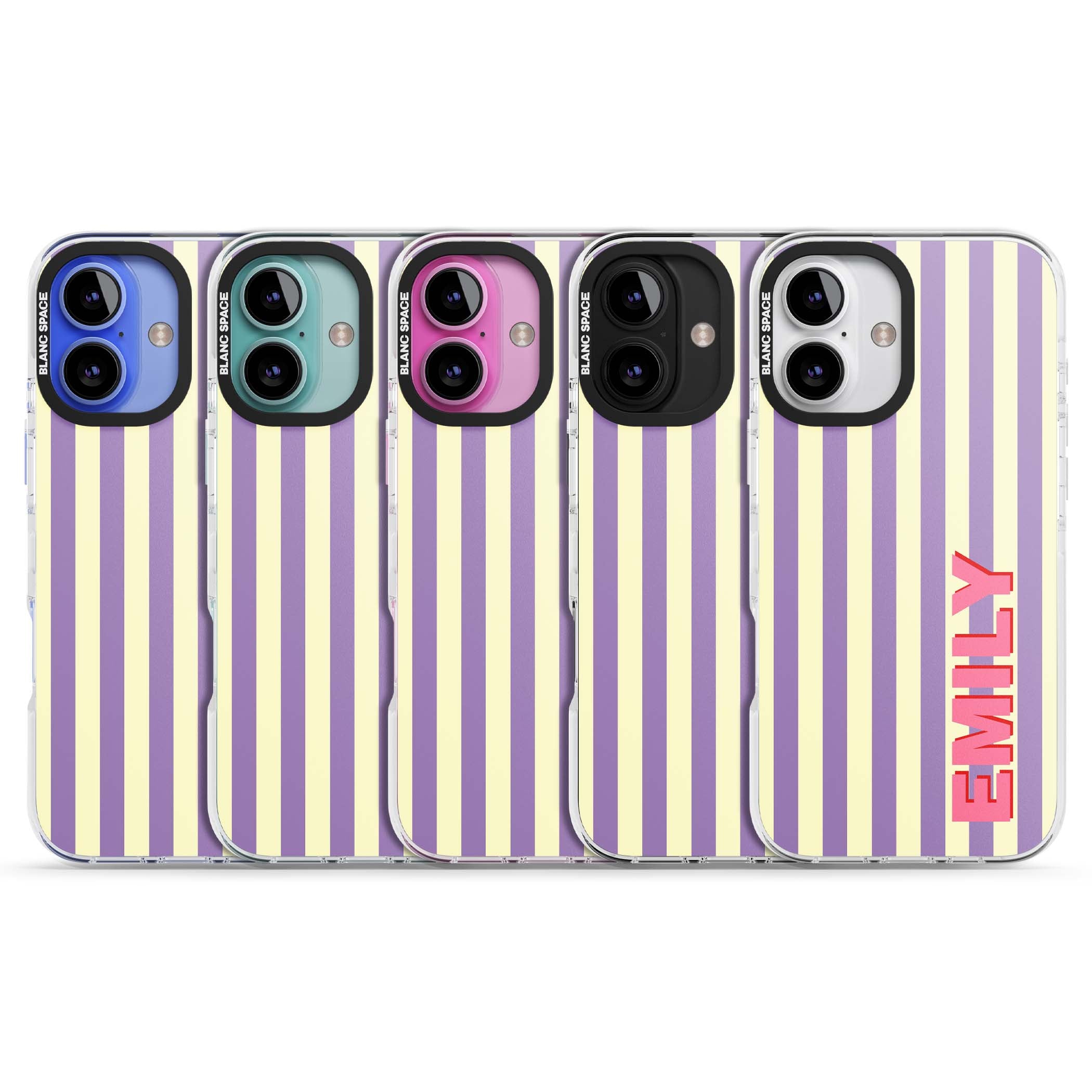 Valensole Stripe personalised iPhone case with purple and cream vertical stripes and pink custom name | Clear Impact case for iPhone 16, iPhone 16 Plus