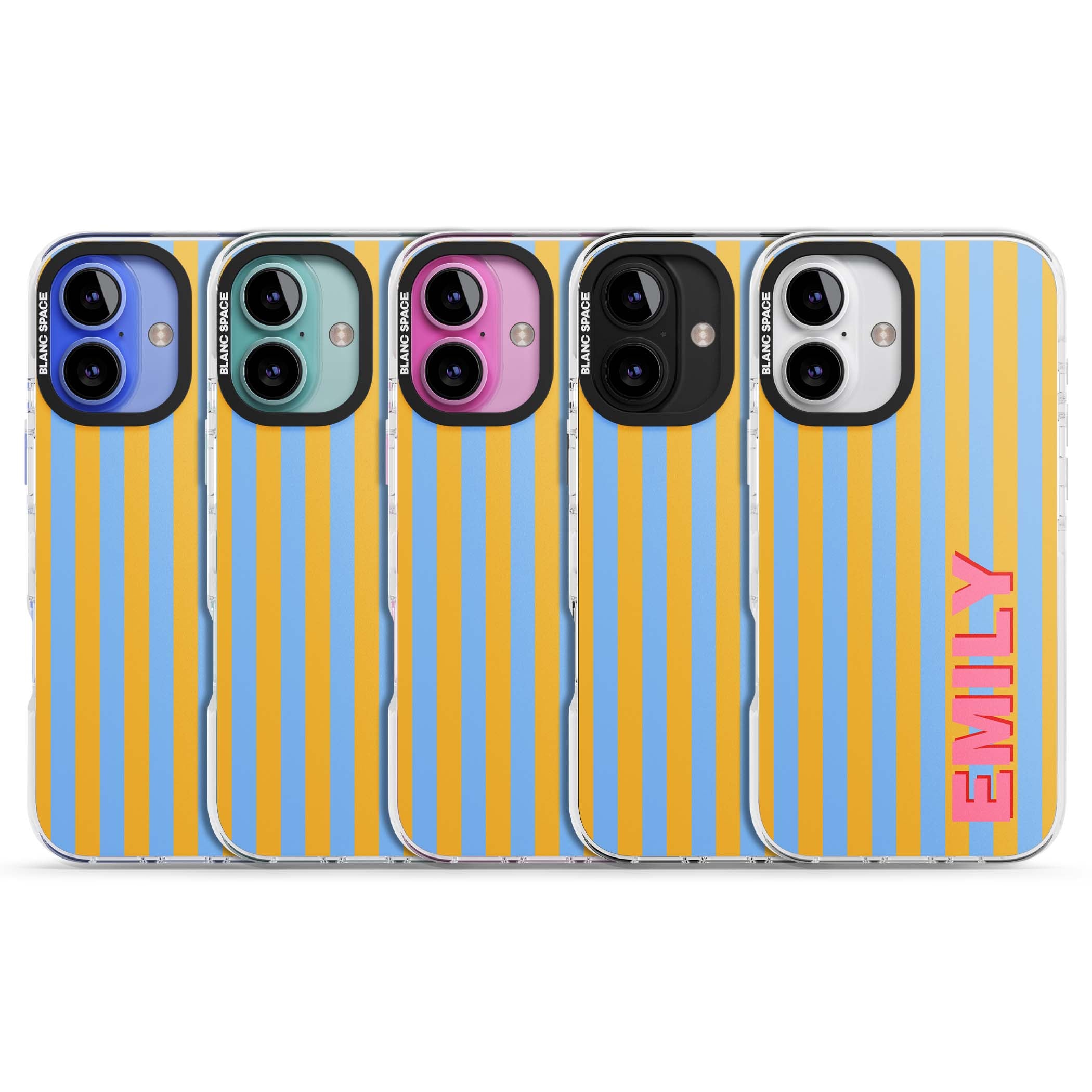 Carribean Stripe personalised coastal iPhone case with yellow and blue vertical stripes and a custom pink name | Clear Impact case for iPhone 16, iPhone 16 Plus