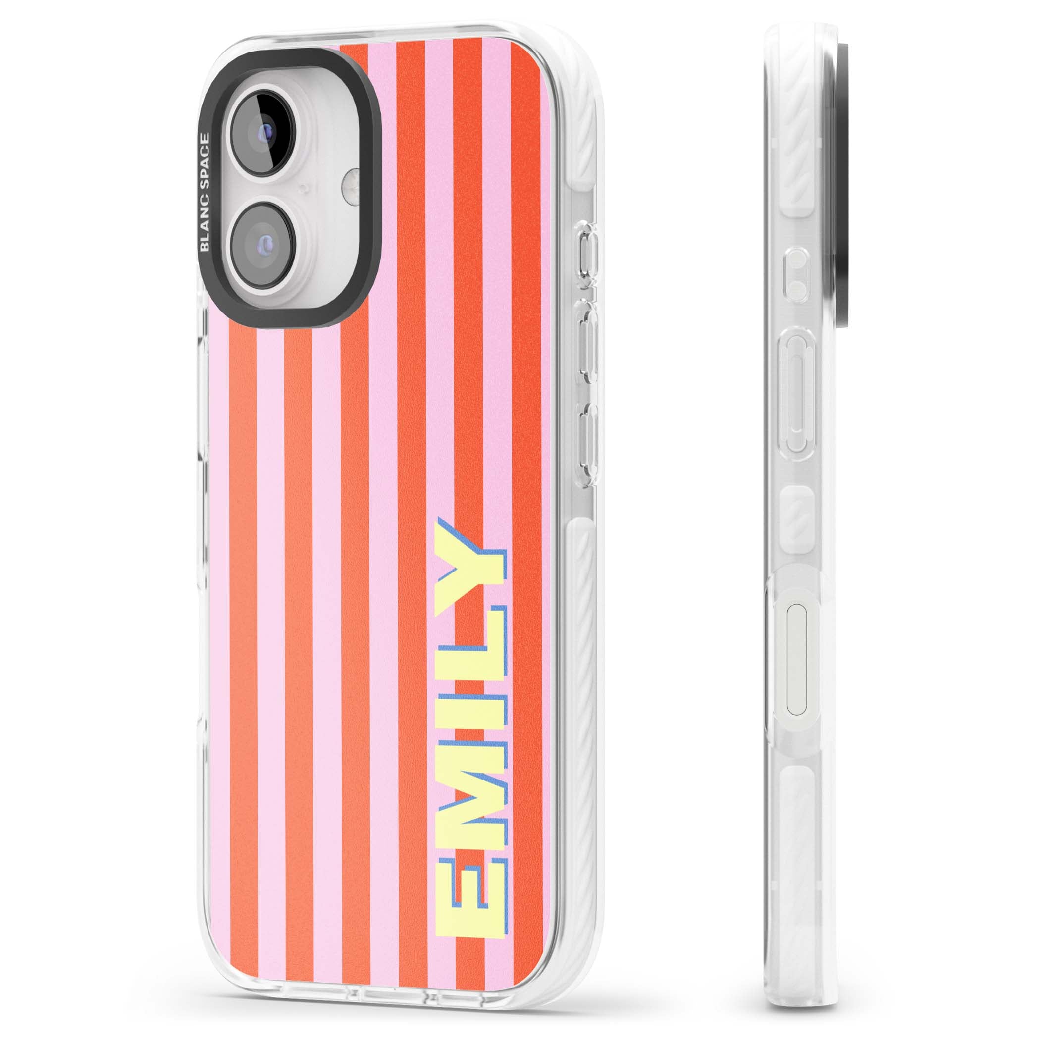 Havana Stripe personalised iPhone case featuring pink and orange vertical stripes with a custom yellow name | Clear Impact case for iPhone 16, iPhone 16 Plus