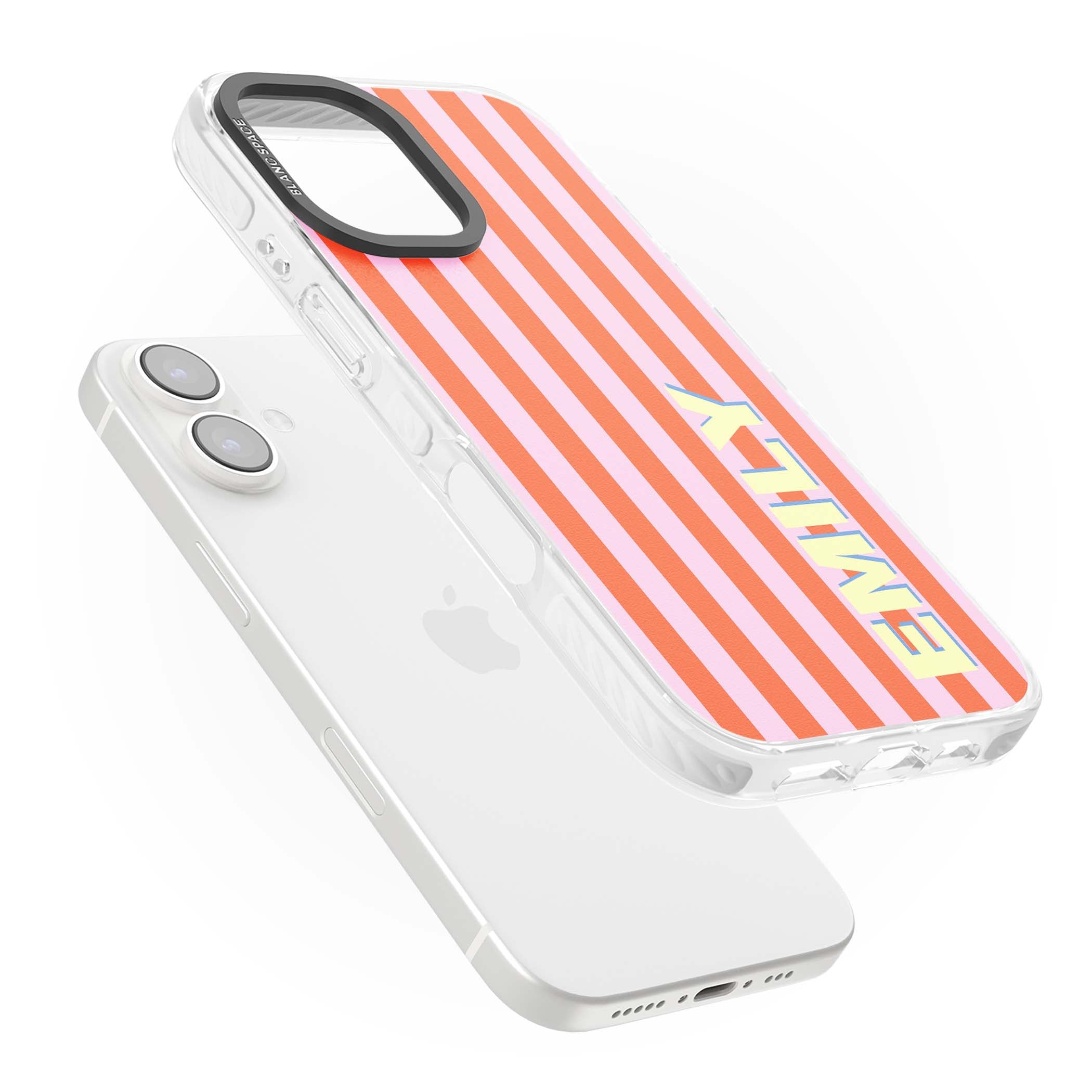Havana Stripe personalised iPhone case featuring pink and orange vertical stripes with a custom yellow name | Clear Impact case for iPhone 16, iPhone 16 Plus