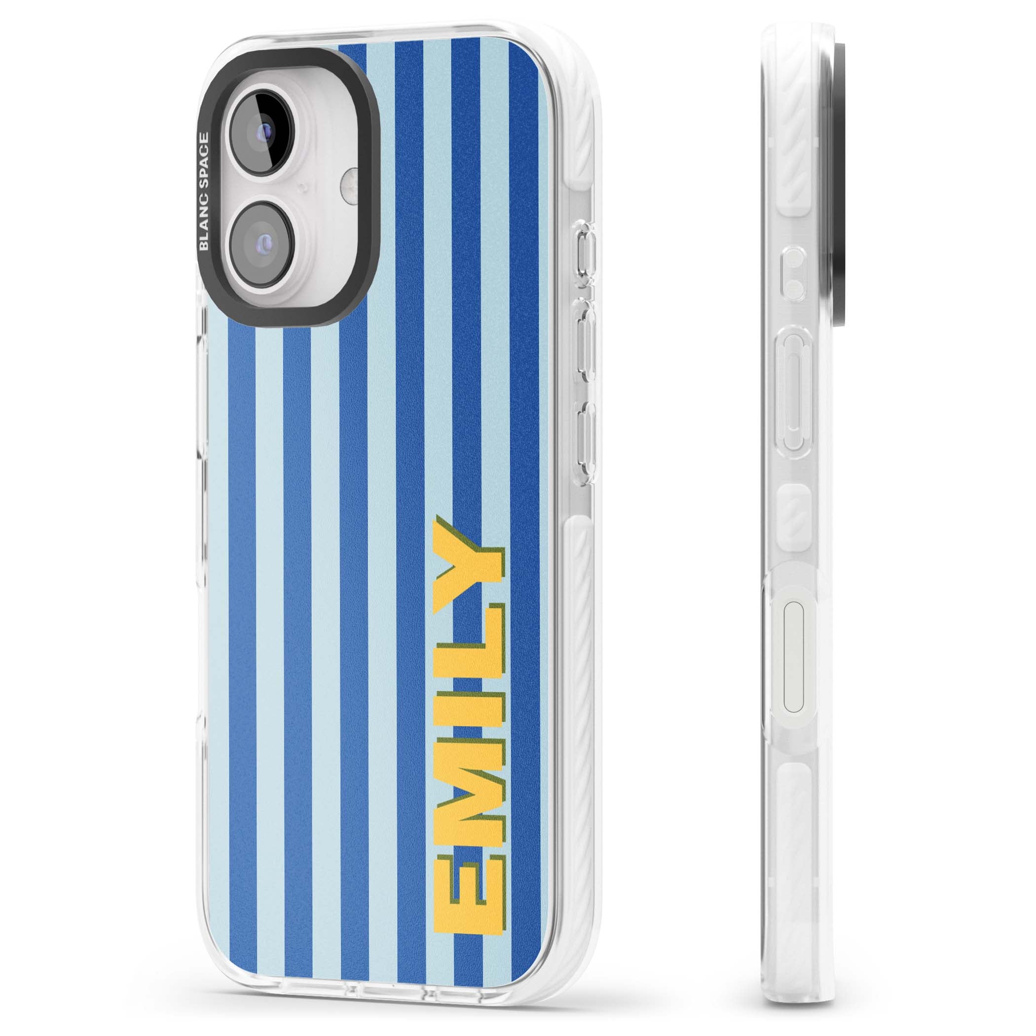 Athenian Stripe personalised preppy iPhone case featuring blue vertical stripes and a custom yellow name | Clear Impact case for iPhone 16, iPhone 16 Plus