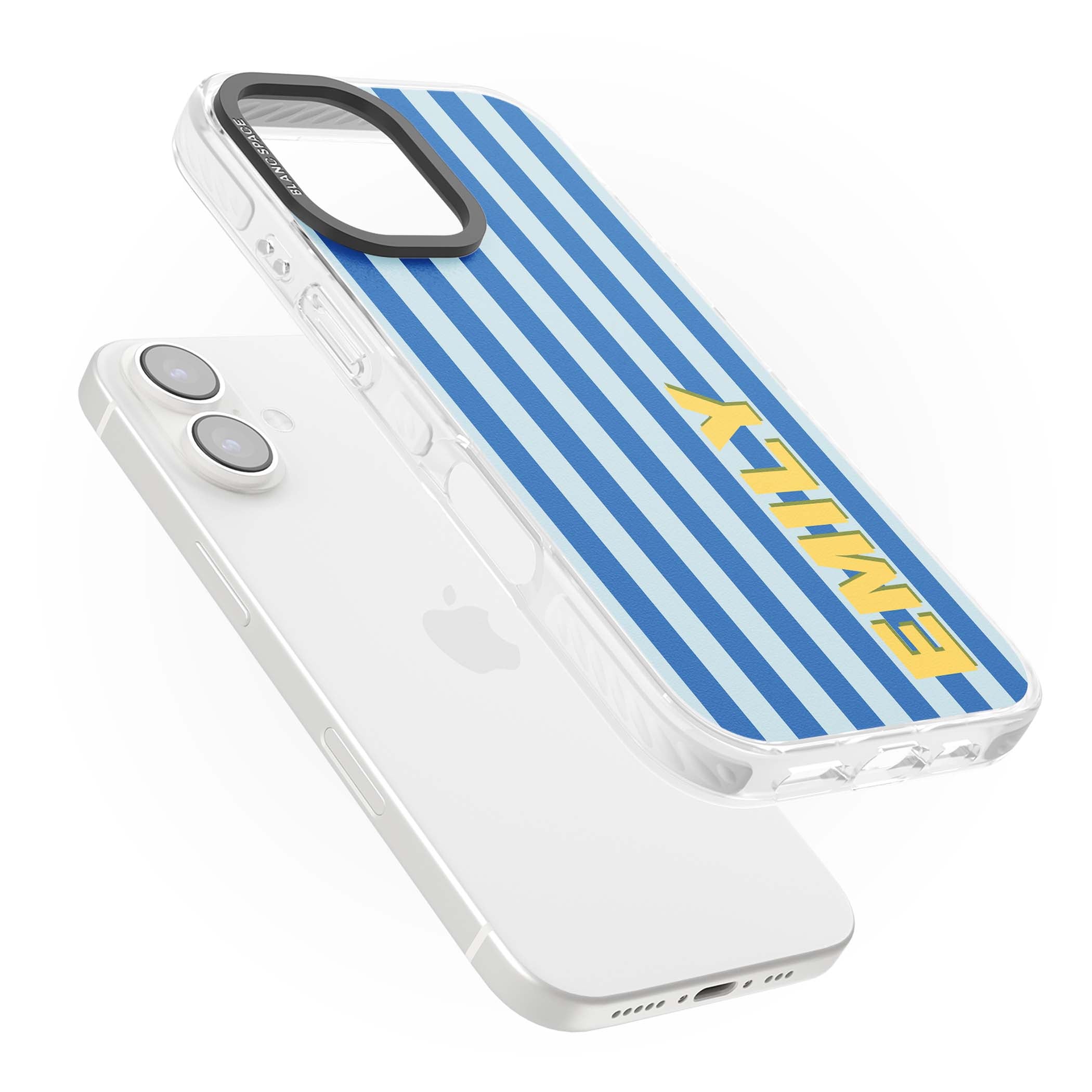 Athenian Stripe personalised preppy iPhone case featuring blue vertical stripes and a custom yellow name | Clear Impact case for iPhone 16, iPhone 16 Plus