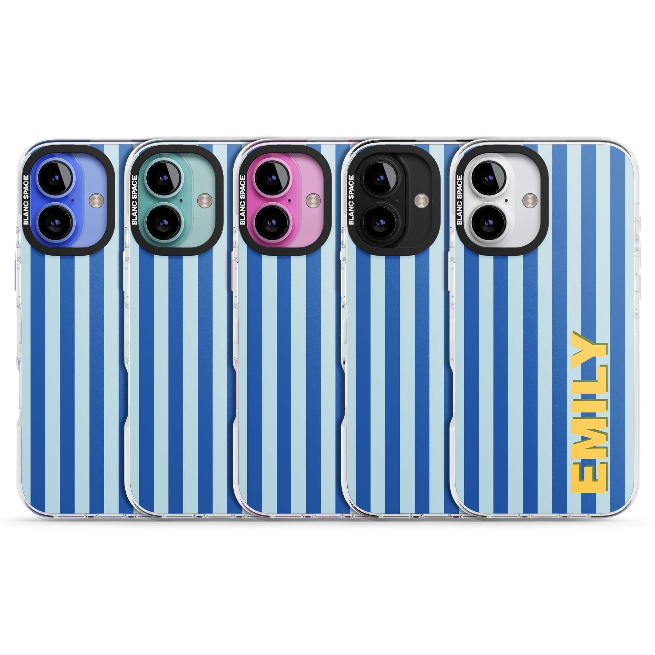 Athenian Stripe personalised preppy iPhone case featuring blue vertical stripes and a custom yellow name | Clear Impact case for iPhone 16, iPhone 16 Plus