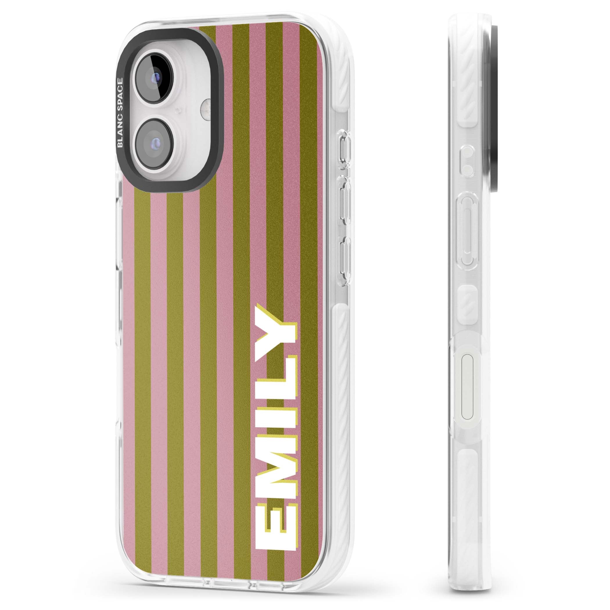 Istanbul Stripe personalised iPhone case featuring pink and olive green vertical stripes with a custom vertical name | Clear Impact case for iPhone 16, iPhone 16 Plus