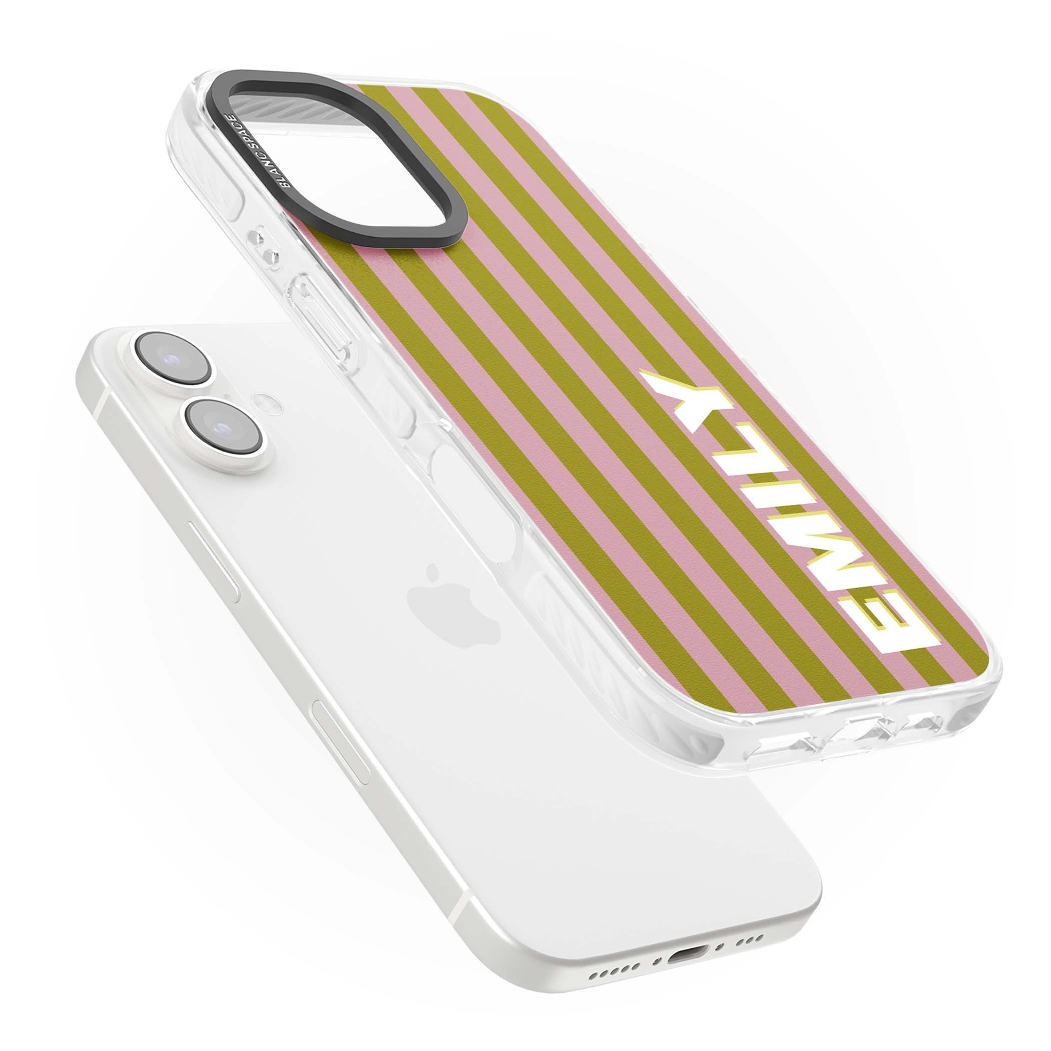 Istanbul Stripe personalised iPhone case featuring pink and olive green vertical stripes with a custom vertical name | Clear Impact case for iPhone 16, iPhone 16 Plus